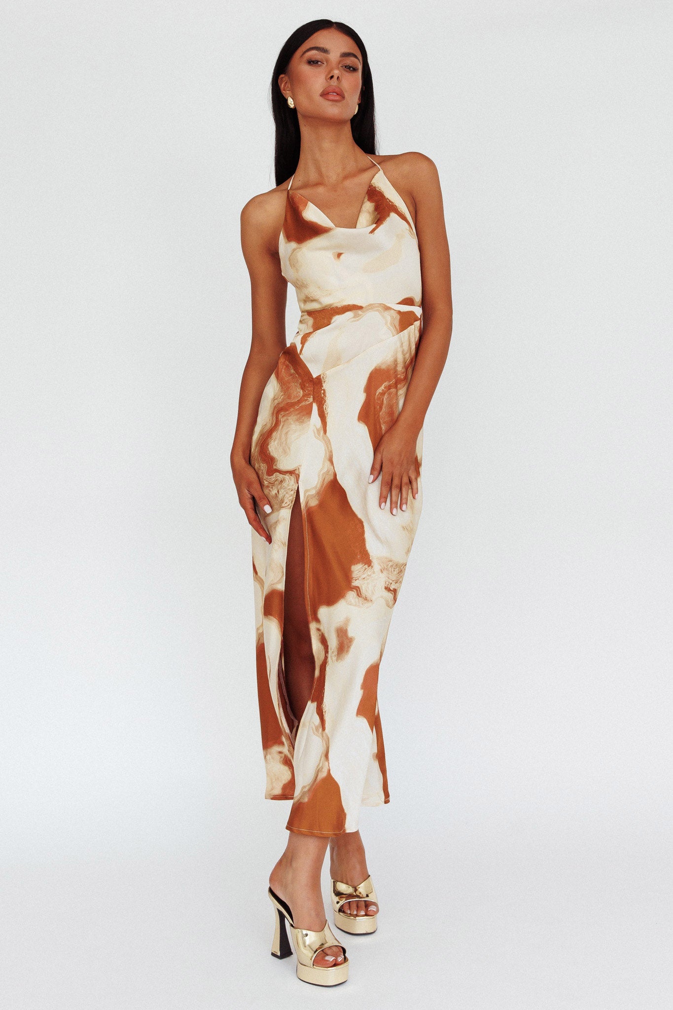 Marcello Cowl Halterneck Midi Dress Marble Brown-Maymioy