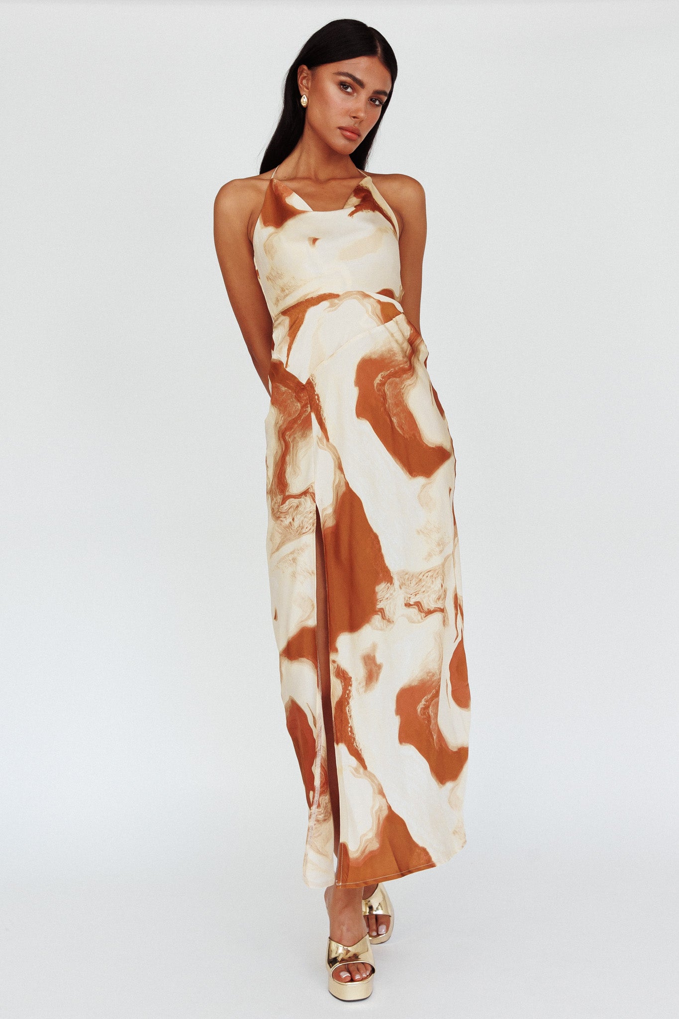 Marcello Cowl Halterneck Midi Dress Marble Brown-Maymioy