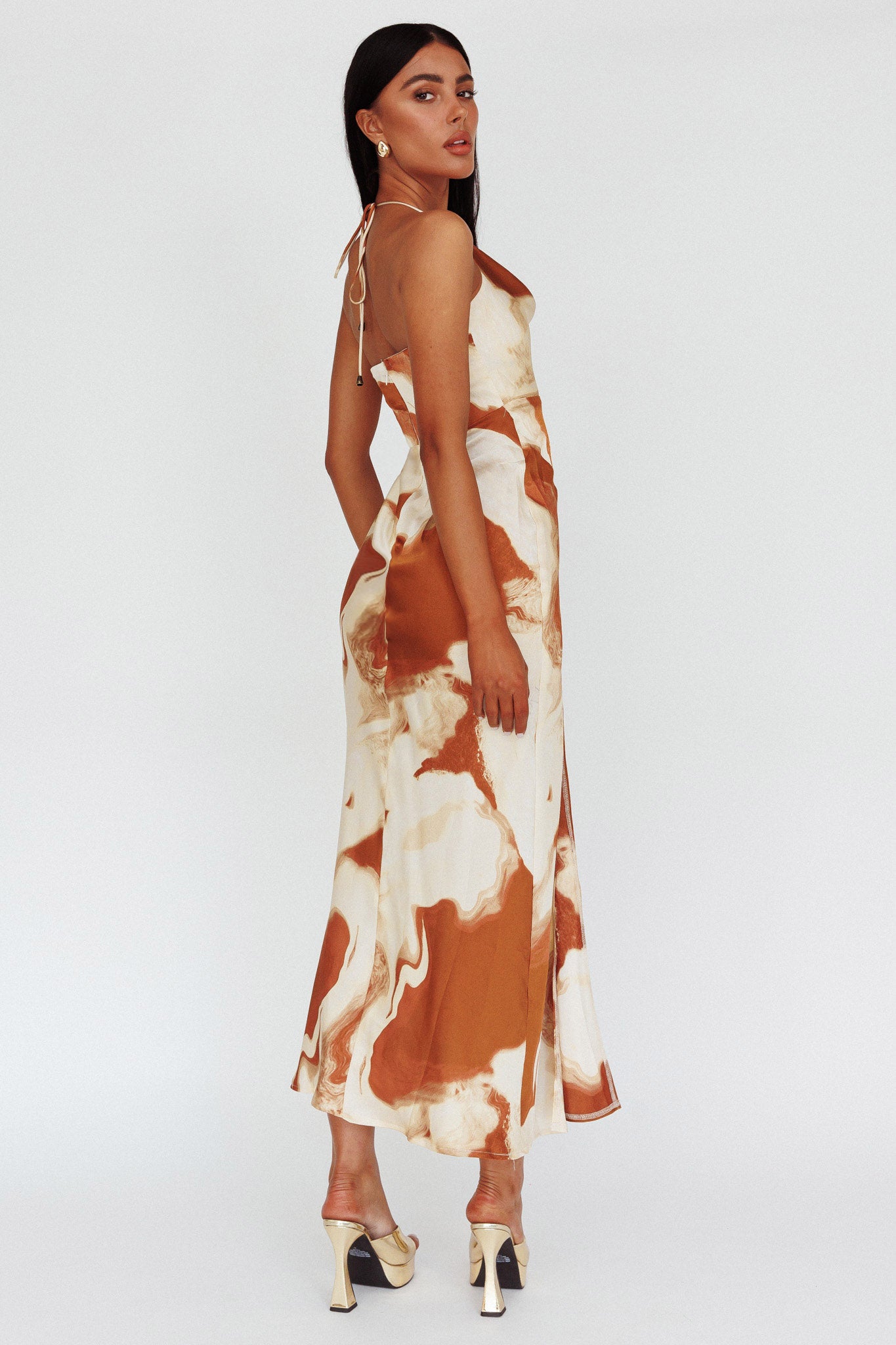 Marcello Cowl Halterneck Midi Dress Marble Brown-Maymioy