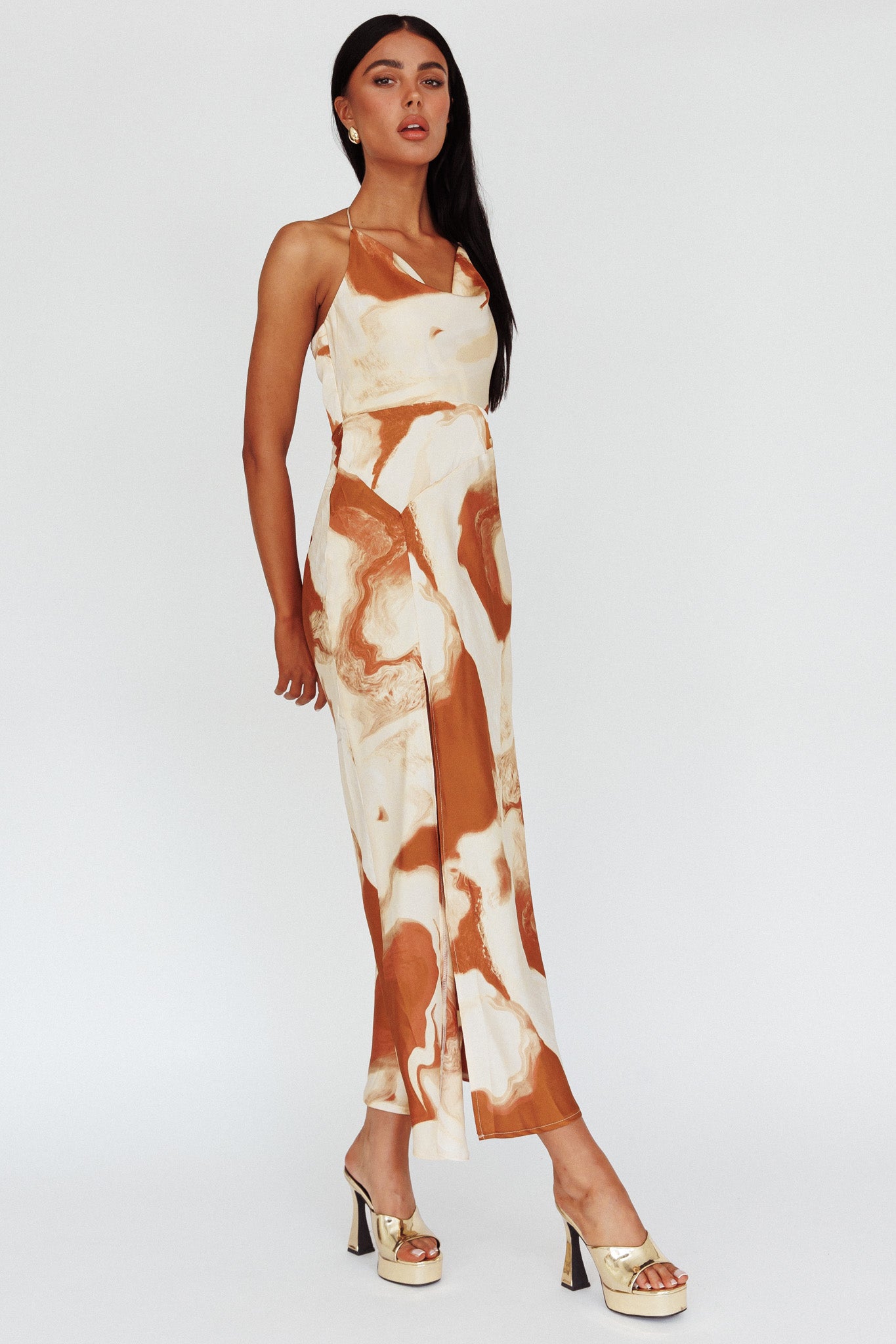 Marcello Cowl Halterneck Midi Dress Marble Brown-Maymioy