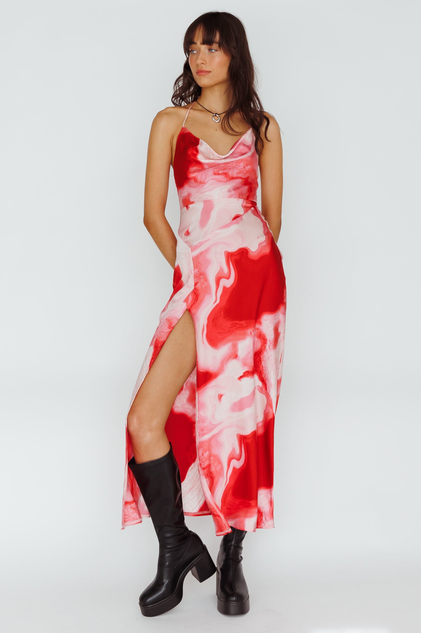 Marcello Cowl Halterneck Midi Dress Marble Red-Maymioy