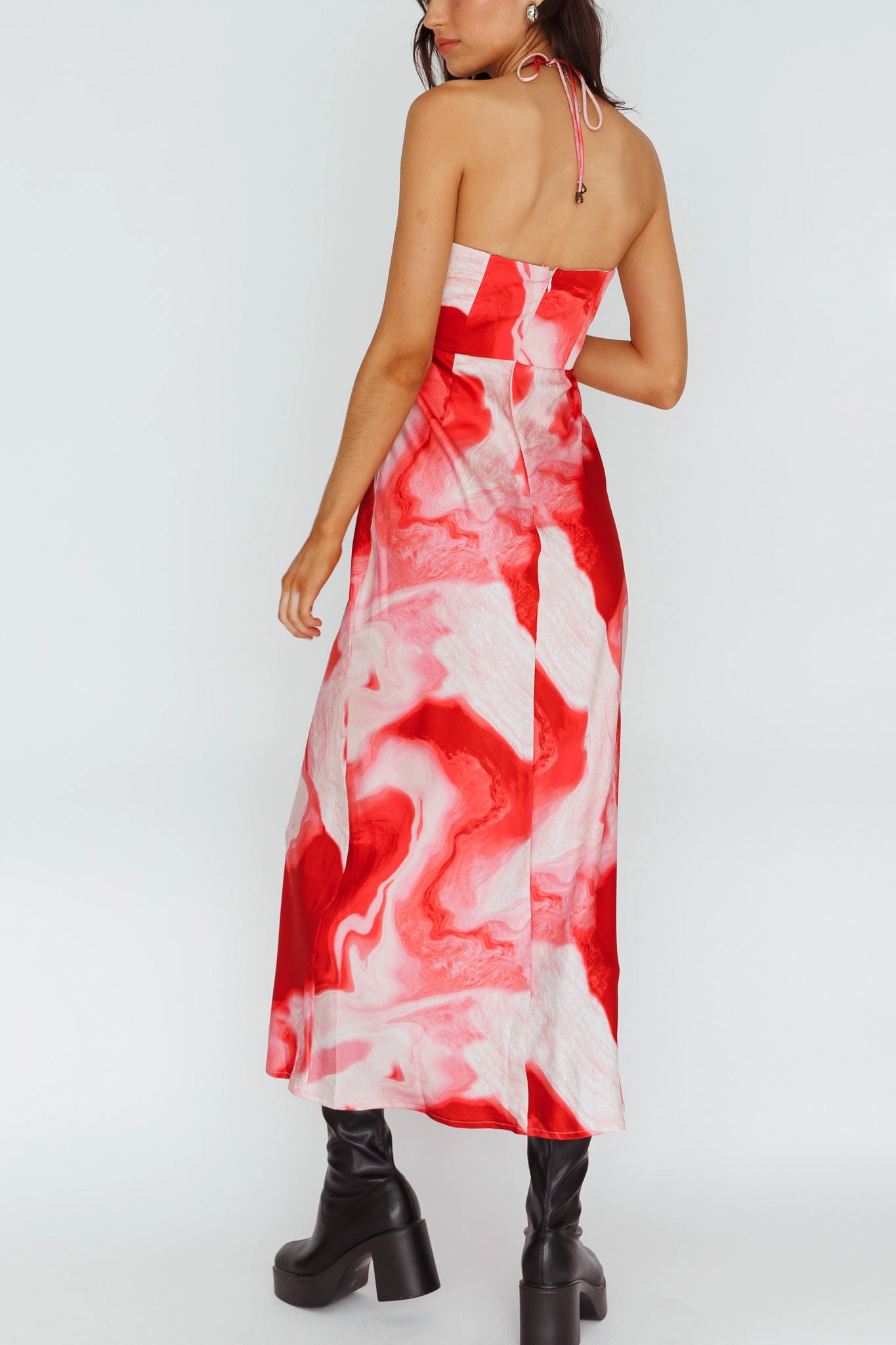 Marcello Cowl Halterneck Midi Dress Marble Red-Maymioy