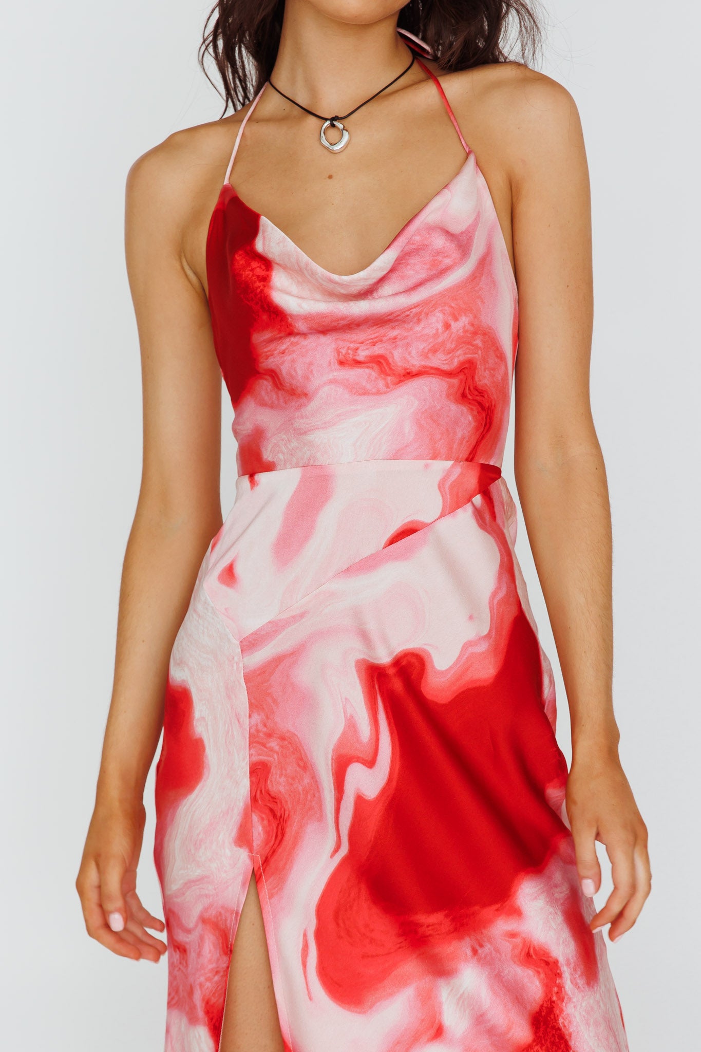 Marcello Cowl Halterneck Midi Dress Marble Red-Maymioy