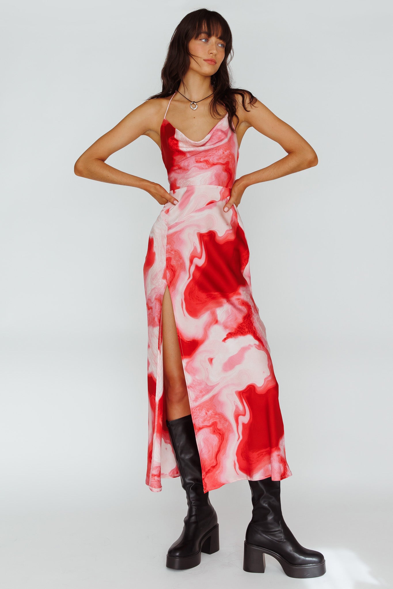 Marcello Cowl Halterneck Midi Dress Marble Red-Maymioy