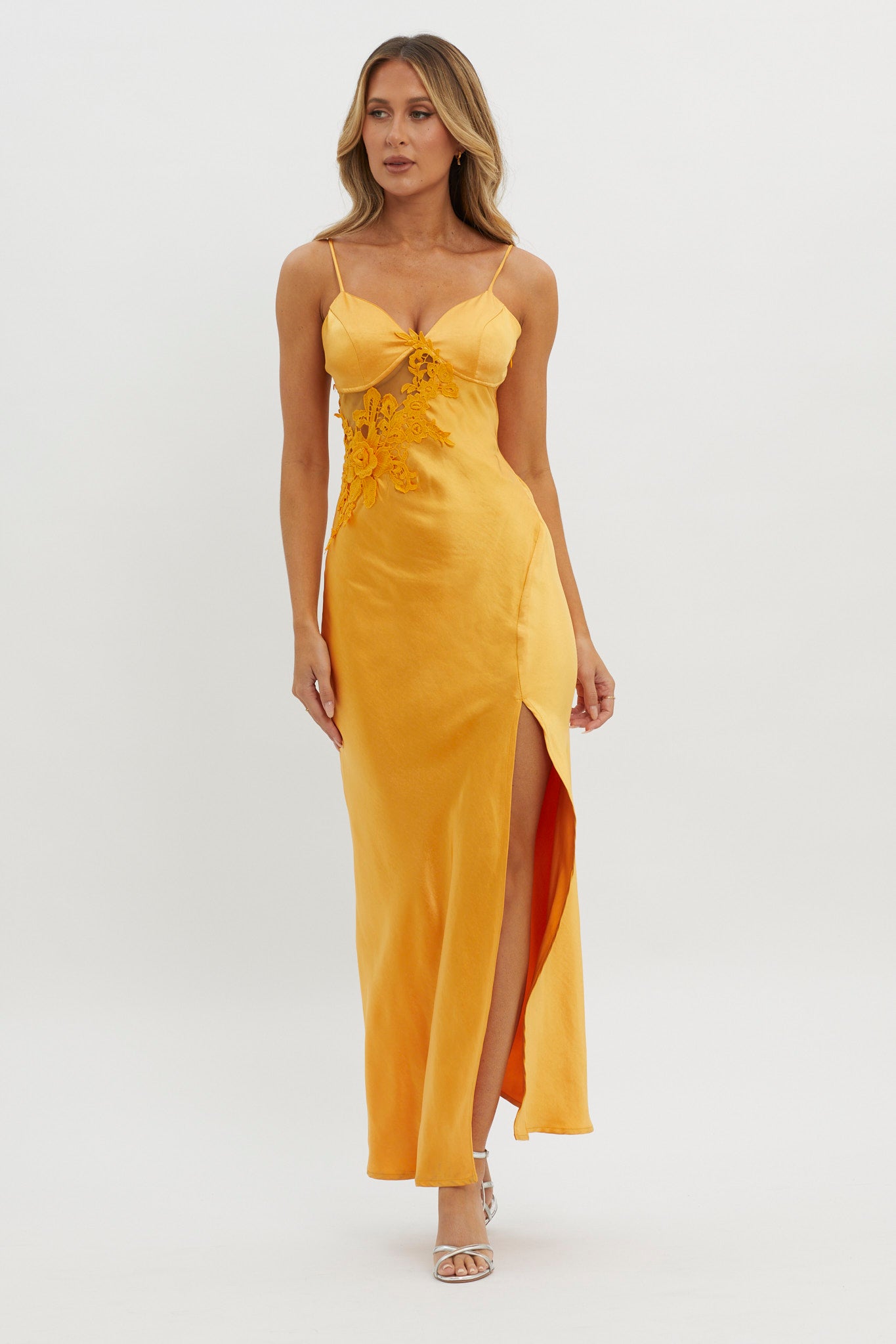 Roxana Applique Trim Split Maxi Dress Orange-Maymioy
