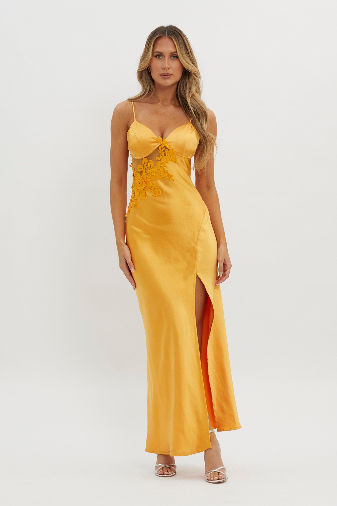 Roxana Applique Trim Split Maxi Dress Orange-Maymioy