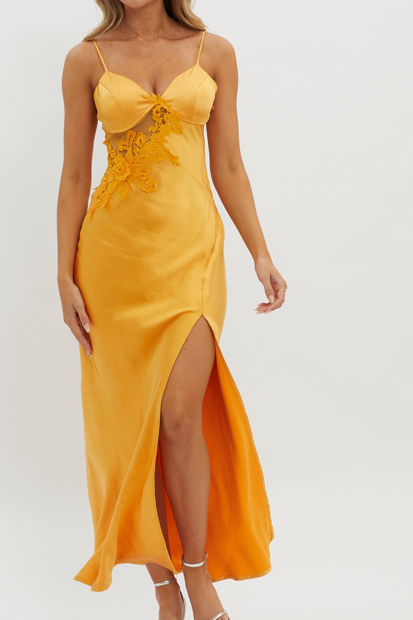 Roxana Applique Trim Split Maxi Dress Orange-Maymioy