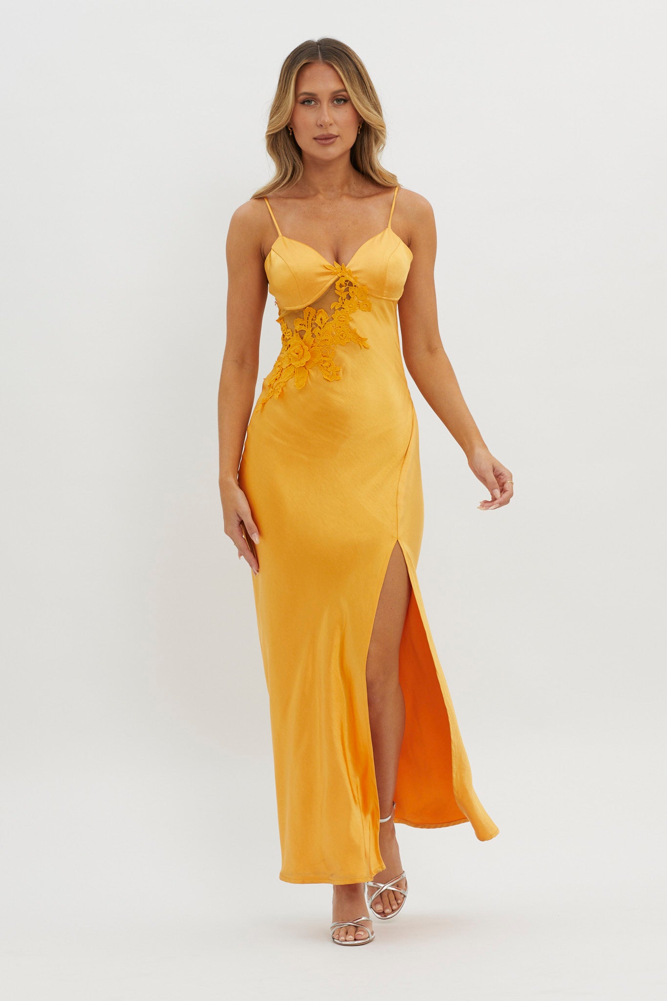 Roxana Applique Trim Split Maxi Dress Orange-Maymioy