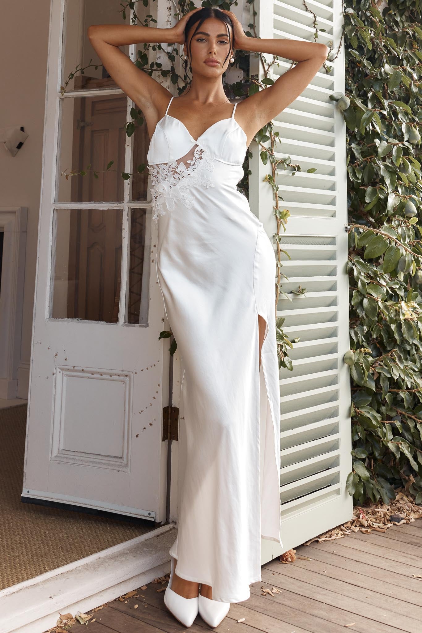 Roxana Applique Trim Split Maxi Dress White-Maymioy