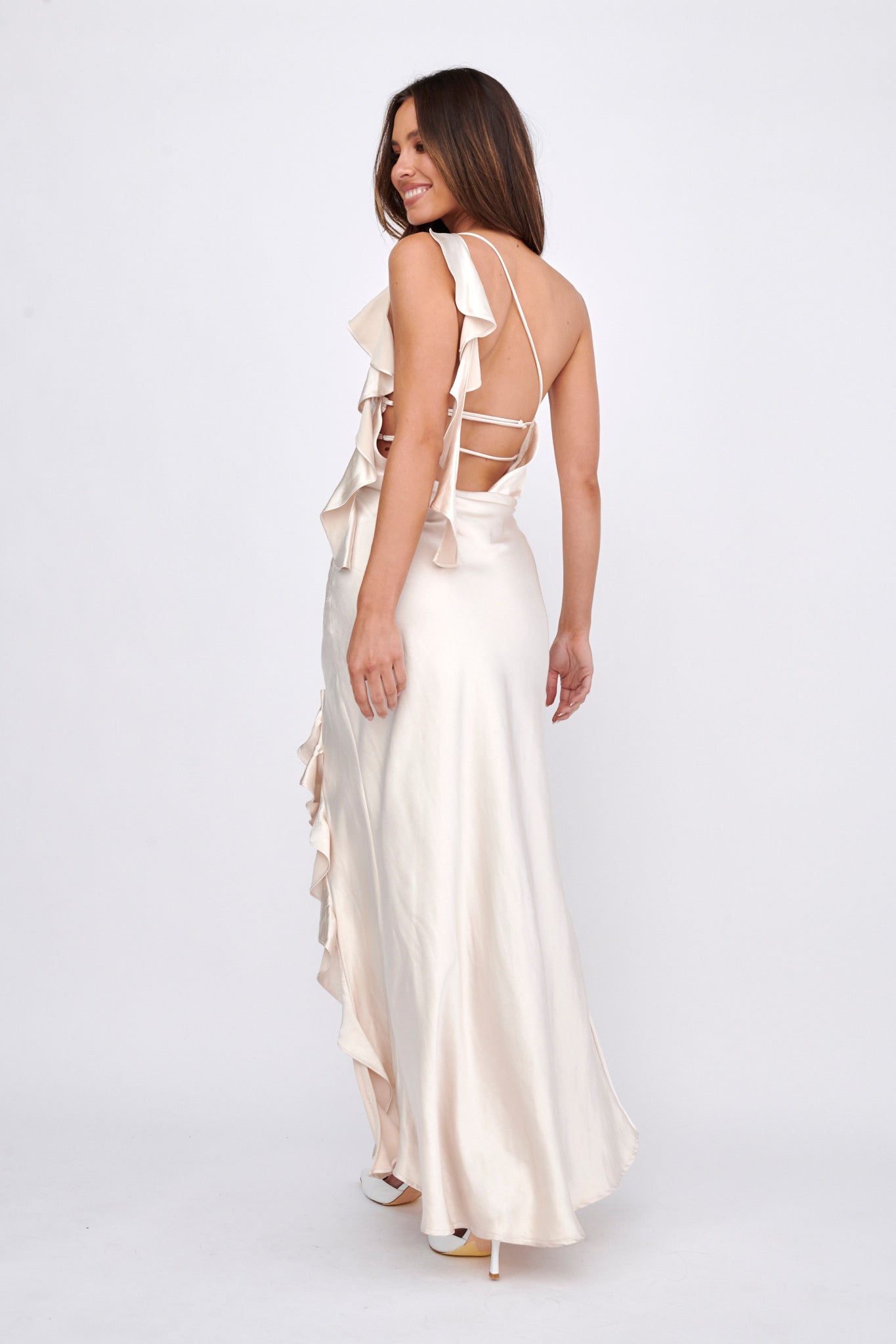 Jayda One Shoulder Ruffle Trim Maxi Dress Champagne-Maymioy