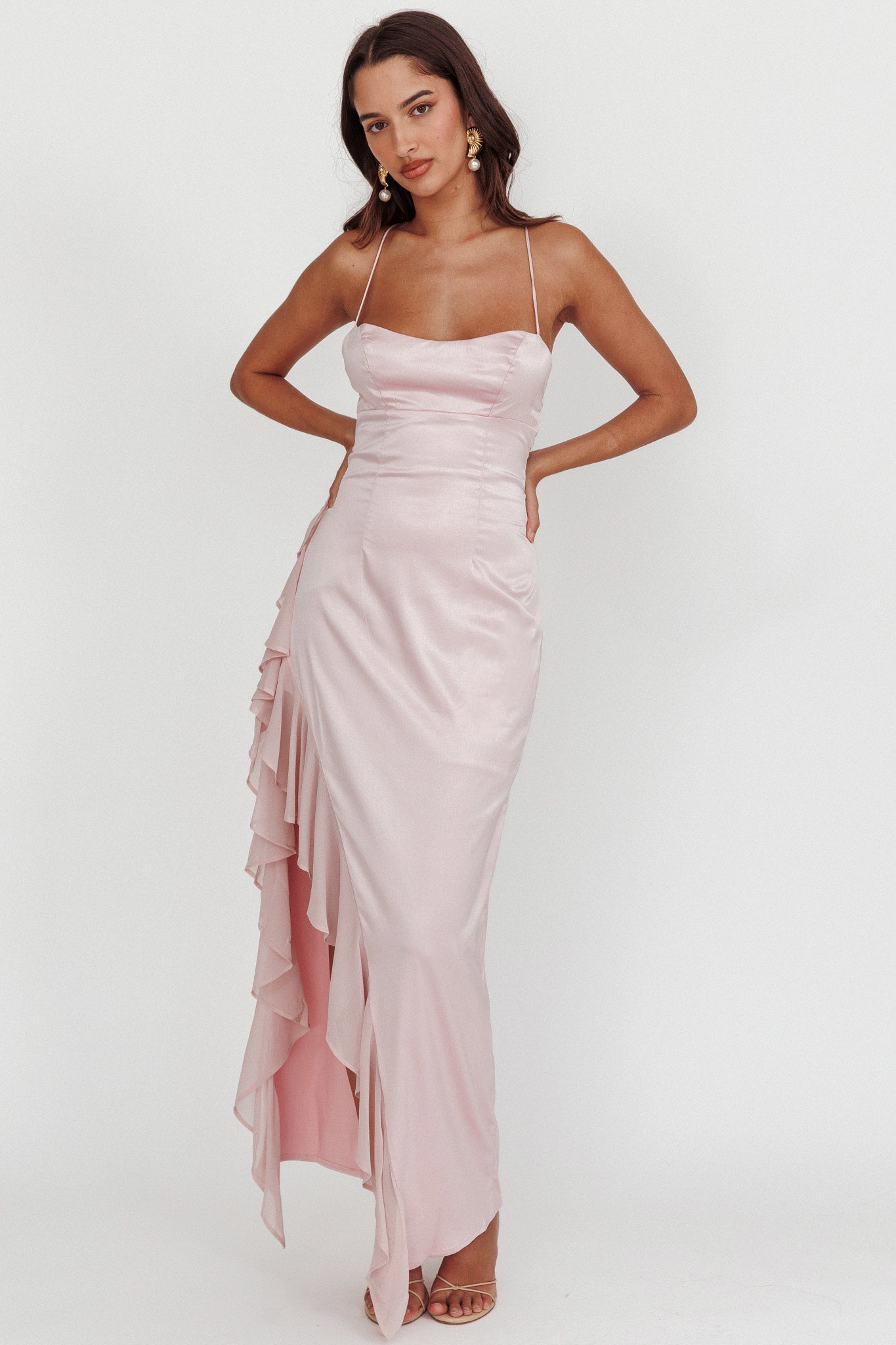 Katarina Satin Ruffle Hem Maxi Dress Cheek-Maymioy