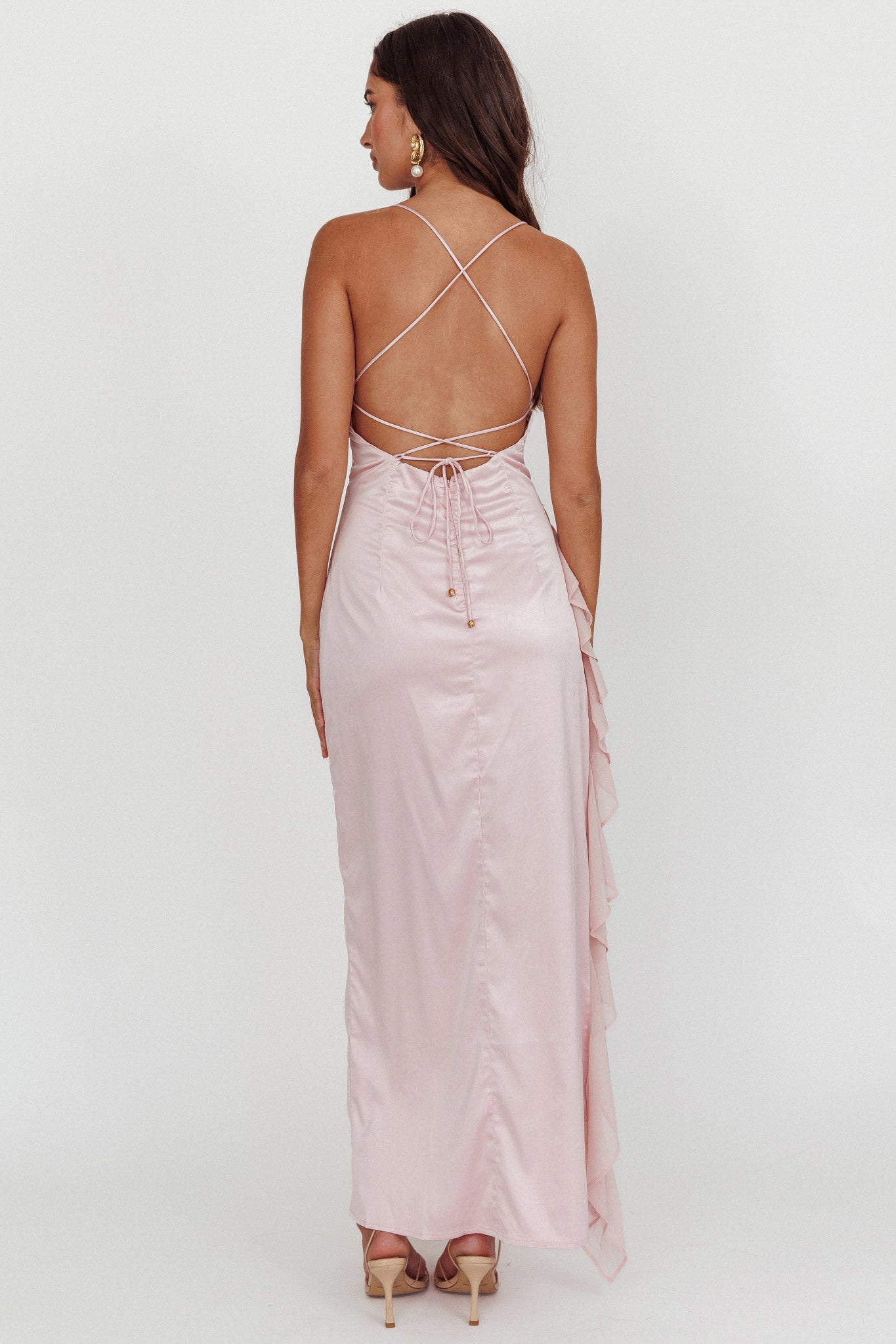 Katarina Satin Ruffle Hem Maxi Dress Cheek-Maymioy