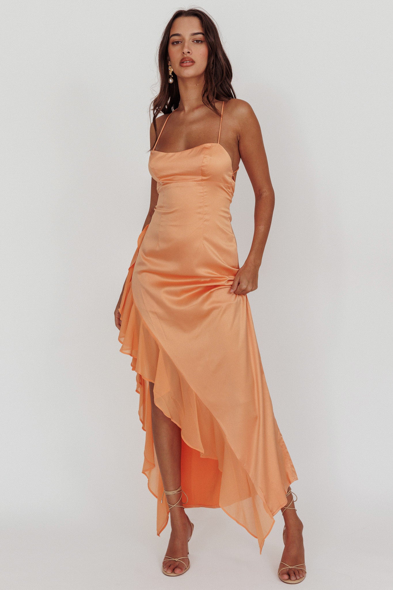 Katarina Satin Ruffle Hem Maxi Dress Mango-Maymioy