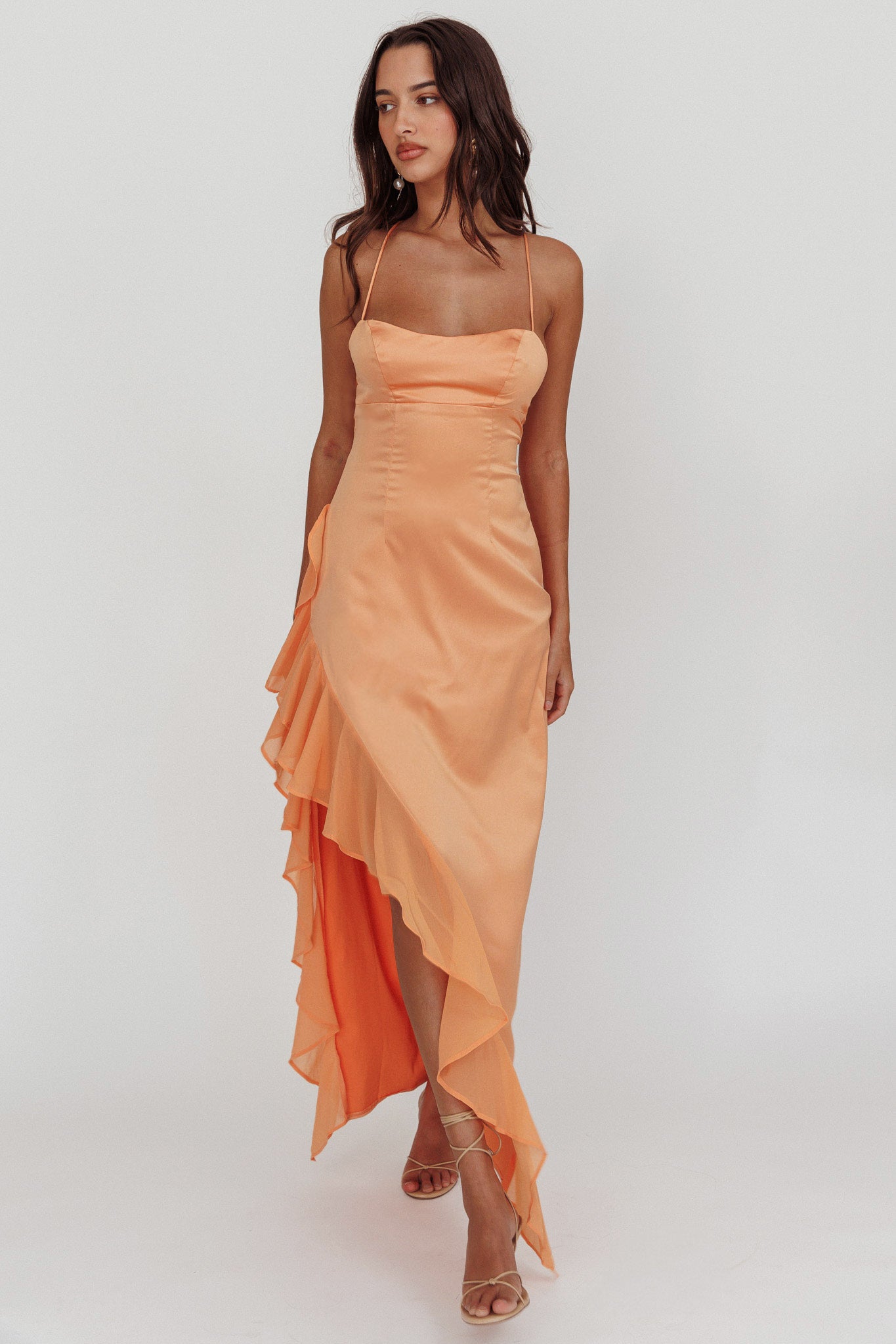 Katarina Satin Ruffle Hem Maxi Dress Mango-Maymioy