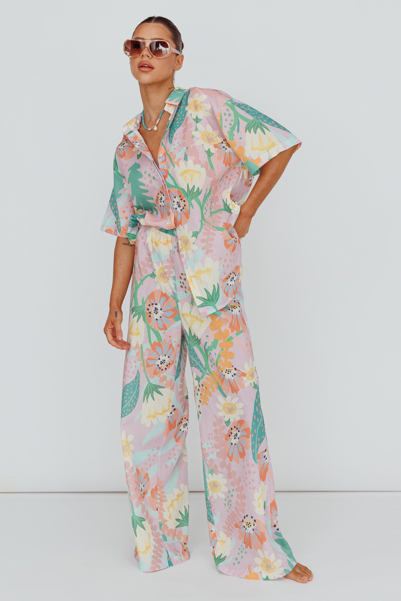 Kiko Wide Leg Pants Print Pink Multi-Maymioy