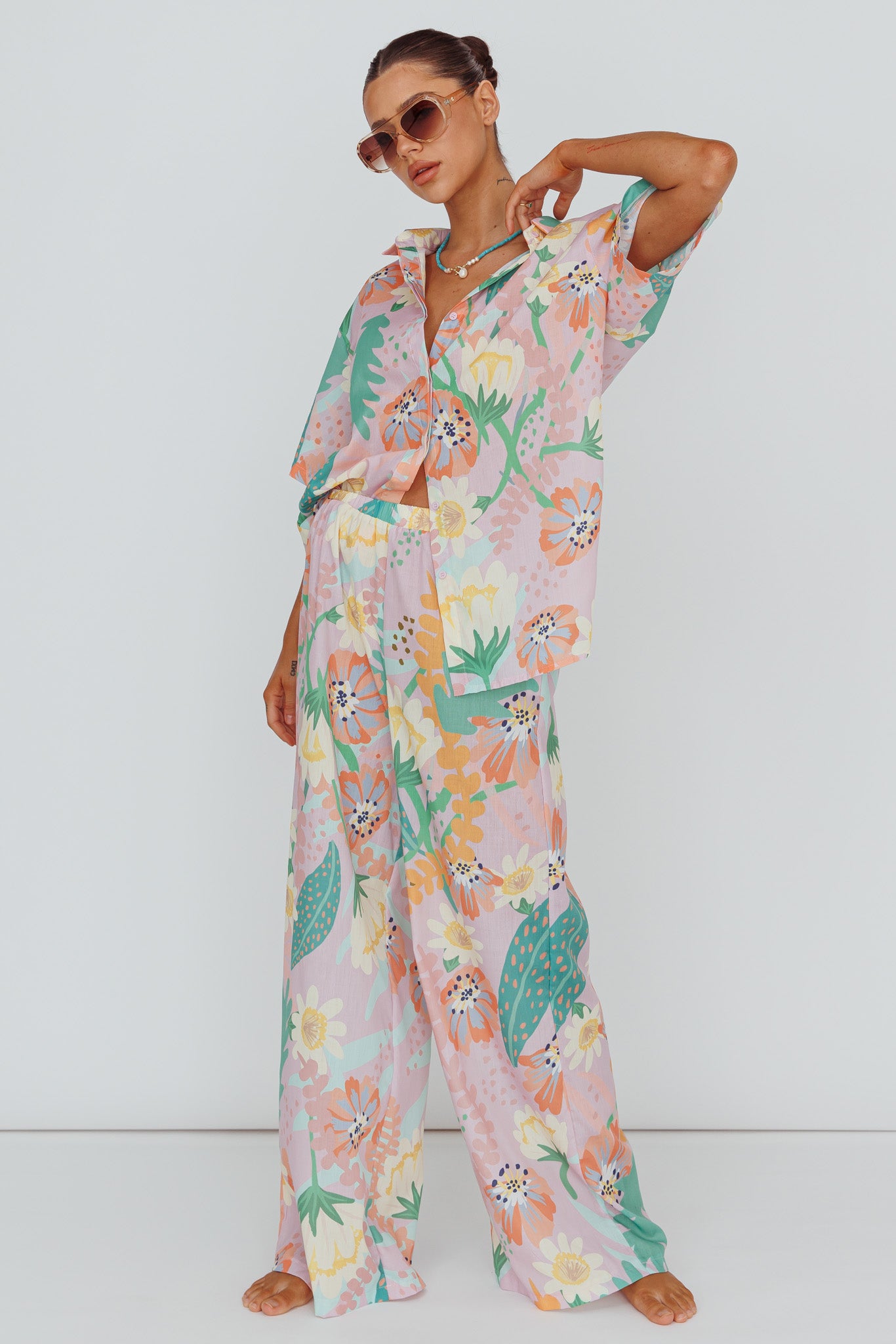Kiko Wide Leg Pants Print Pink Multi-Maymioy