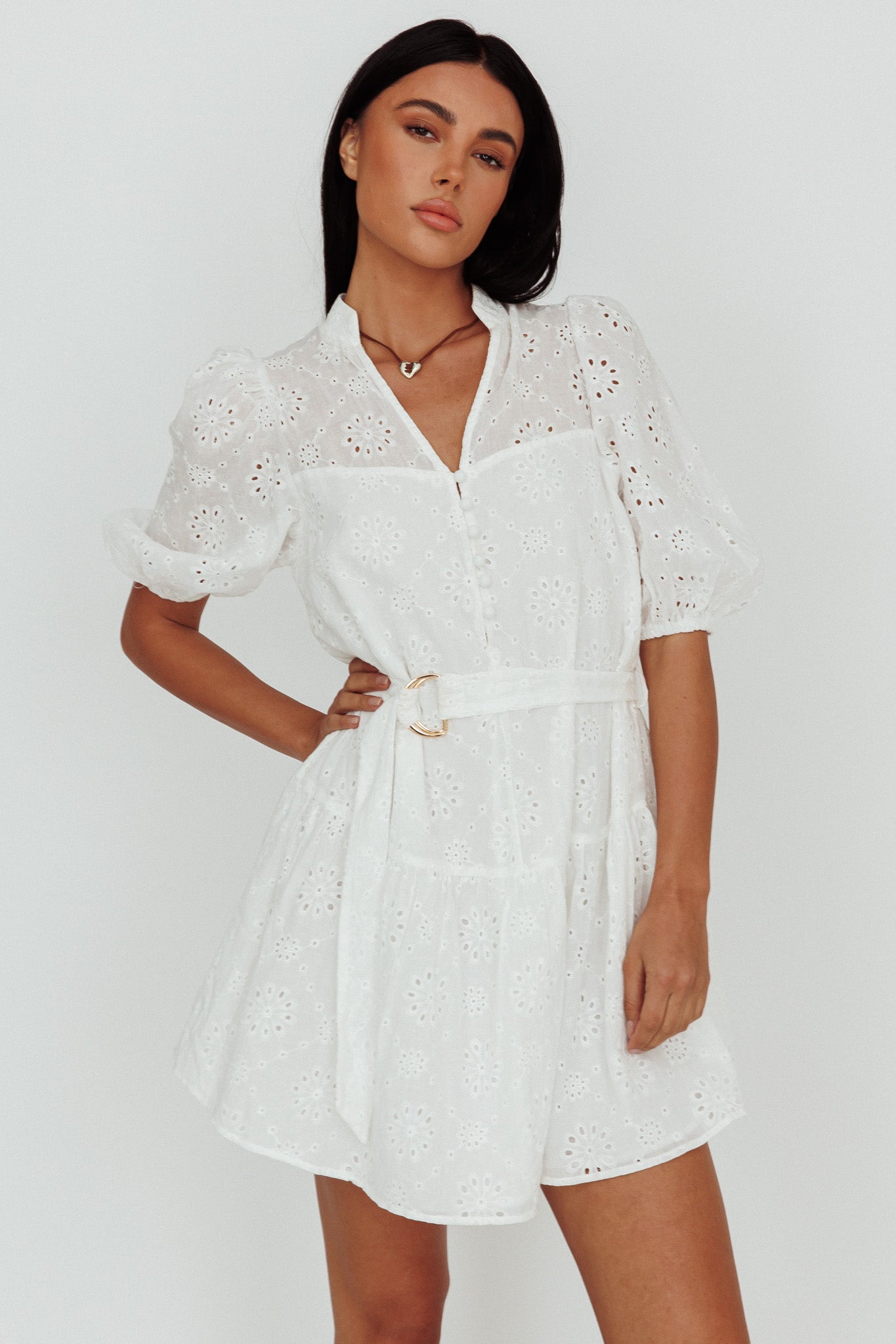 Serita Belted Puff Sleeve Eyelet Mini Dress White-Maymioy
