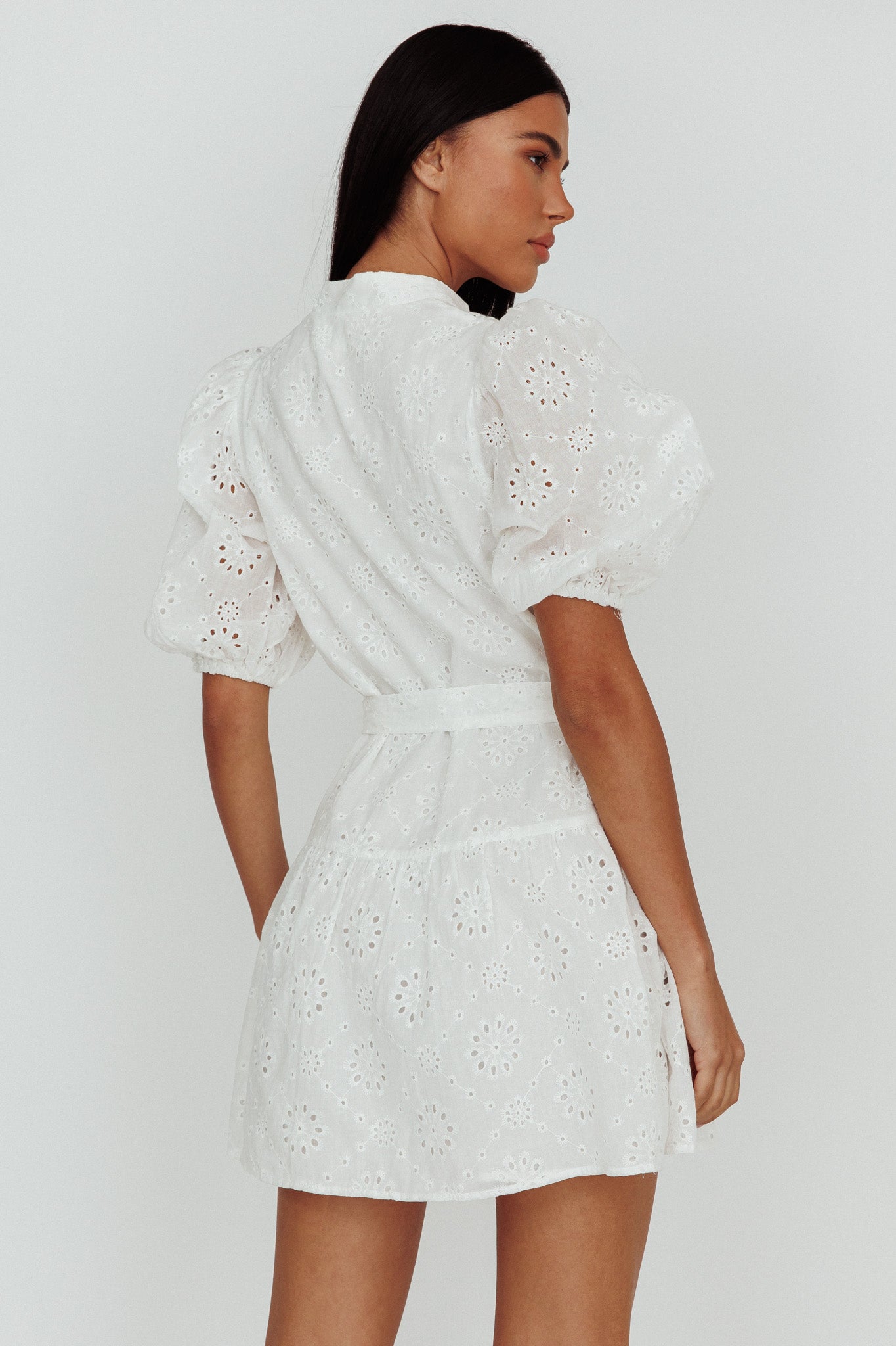Serita Belted Puff Sleeve Eyelet Mini Dress White-Maymioy