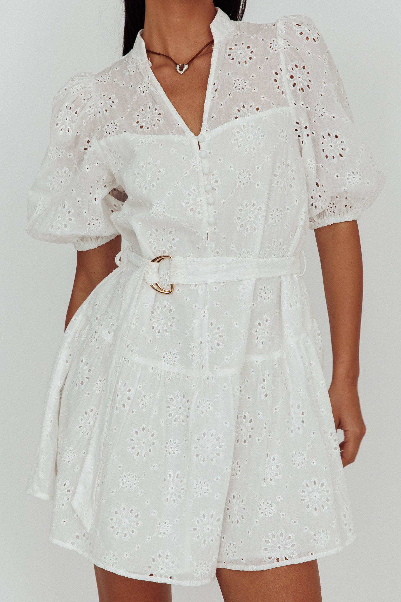 Serita Belted Puff Sleeve Eyelet Mini Dress White-Maymioy