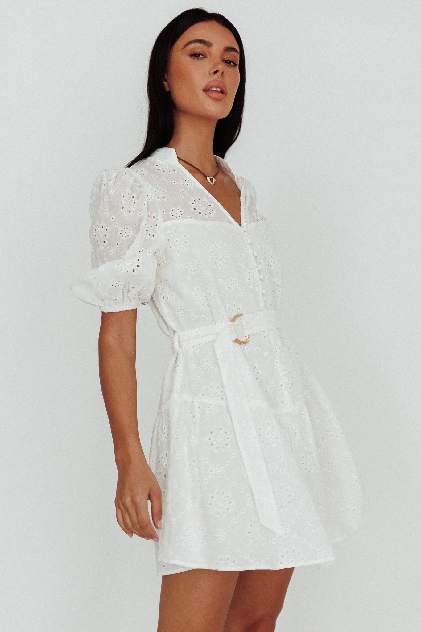 Serita Belted Puff Sleeve Eyelet Mini Dress White-Maymioy