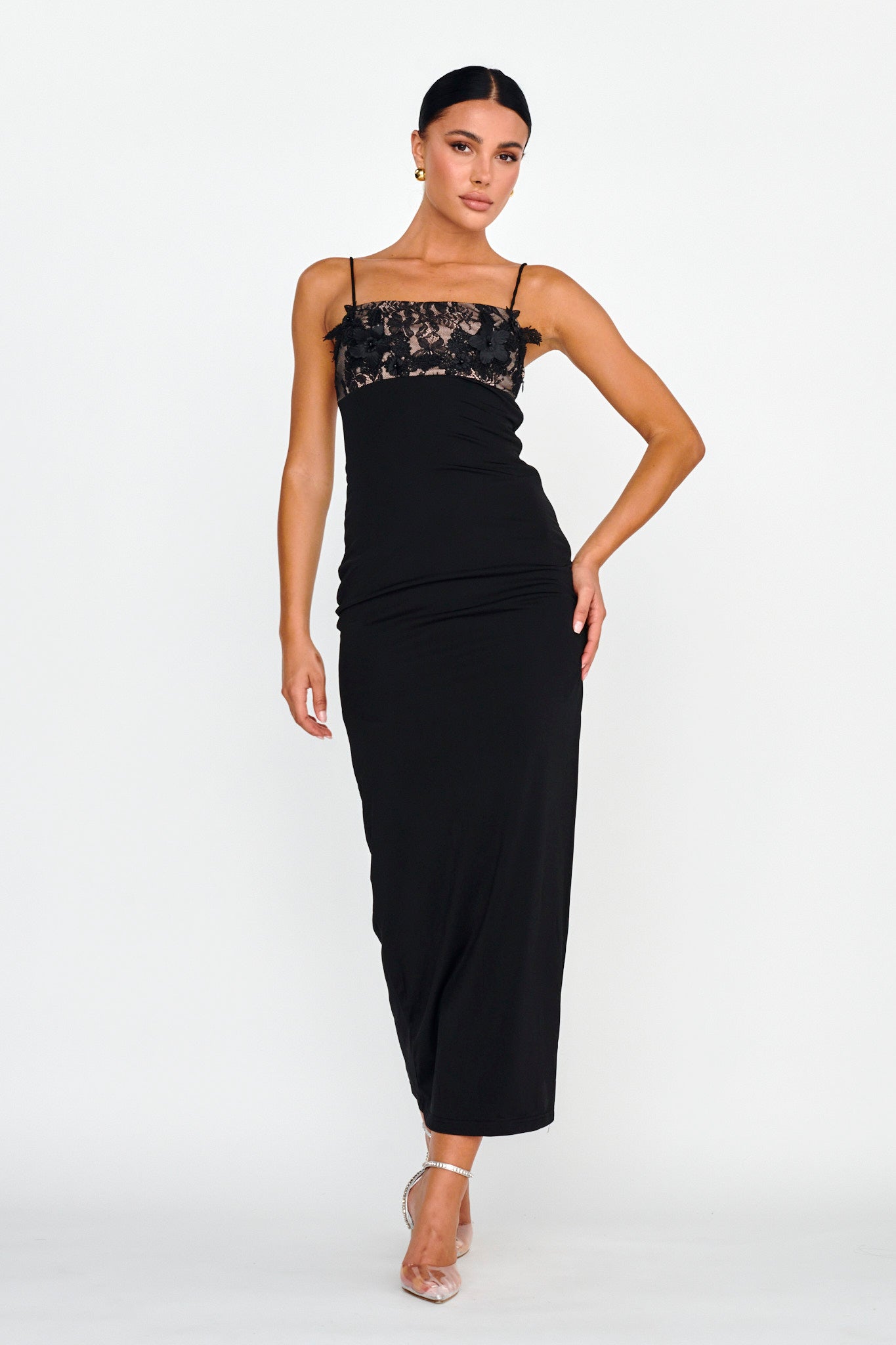 Misha Embellished Bust Midi Dress Black-Maymioy