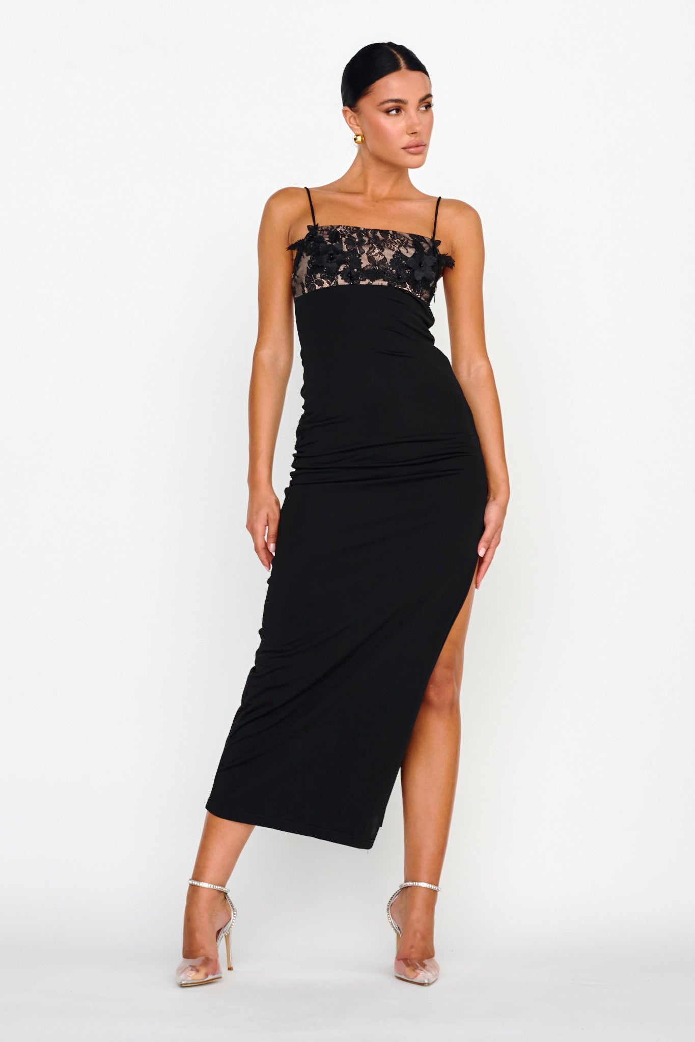 Misha Embellished Bust Midi Dress Black-Maymioy