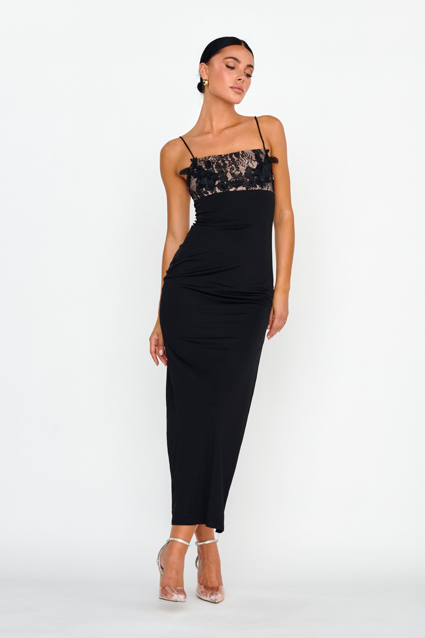 Misha Embellished Bust Midi Dress Black-Maymioy