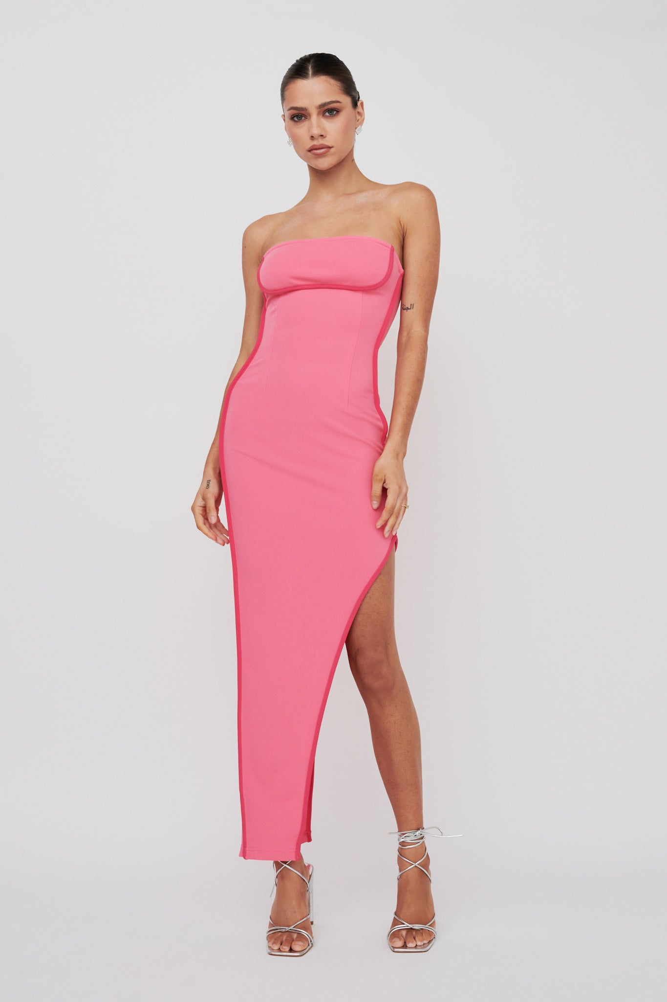 October Strapless Piping Midi Dress Hot Pink-Maymioy