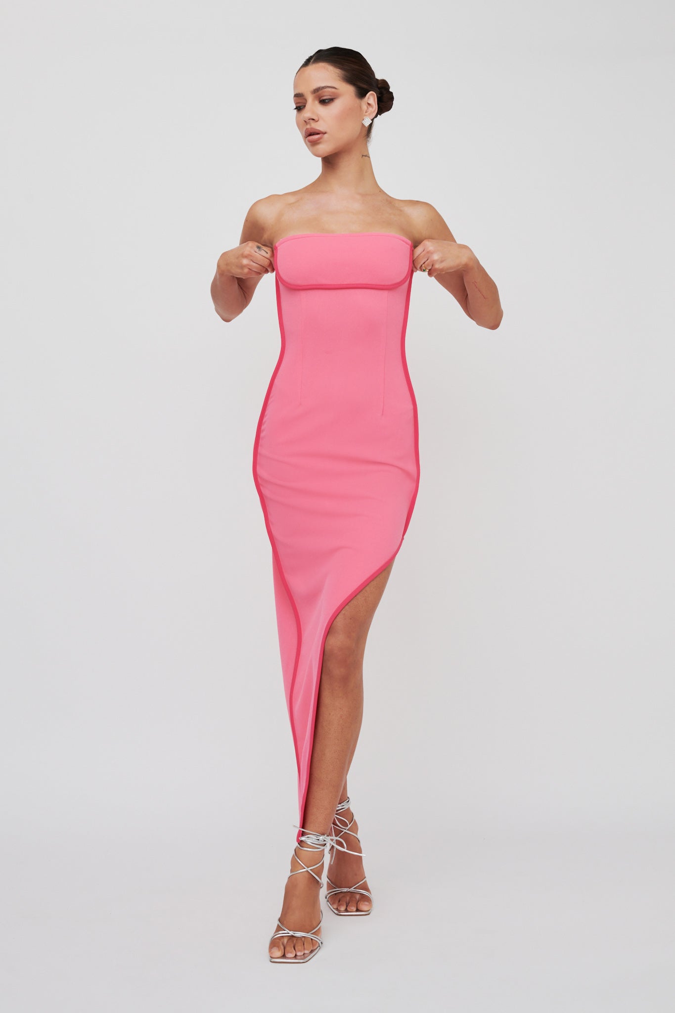 October Strapless Piping Midi Dress Hot Pink-Maymioy