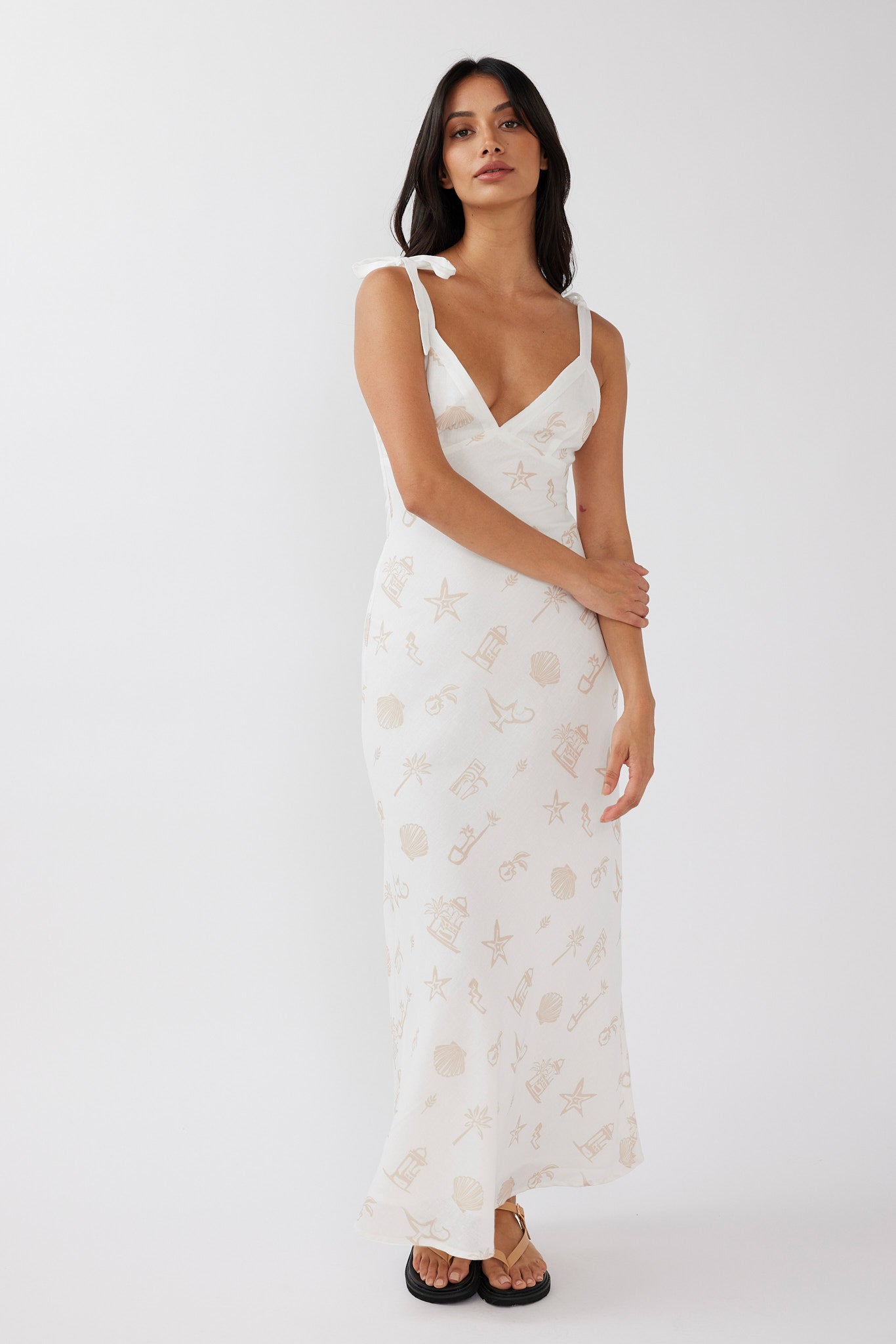 Jaya Tied Shoulder Maxi Dress Print Beige-Maymioy