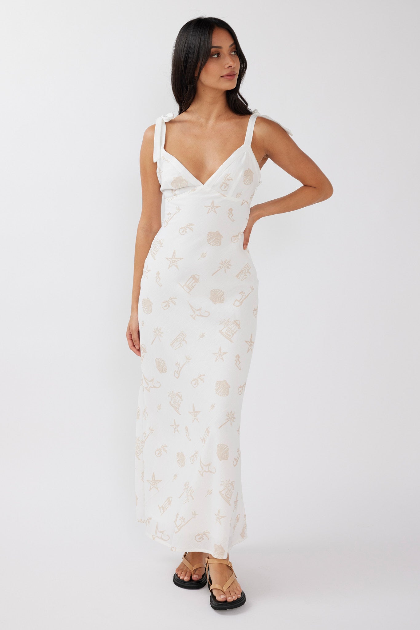 Jaya Tied Shoulder Maxi Dress Print Beige-Maymioy
