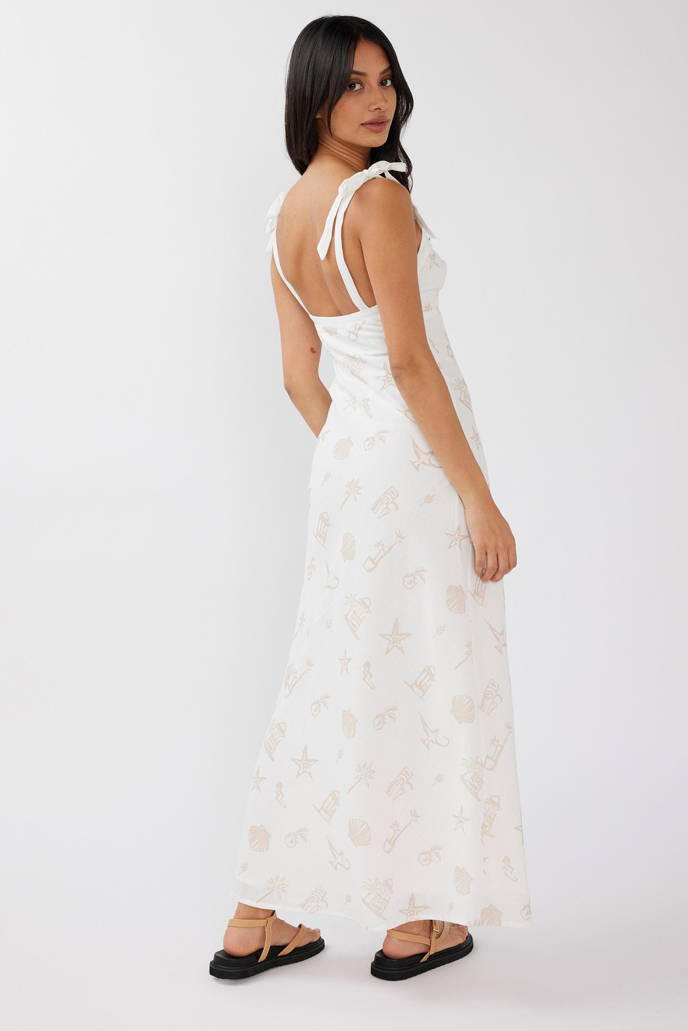 Jaya Tied Shoulder Maxi Dress Print Beige-Maymioy