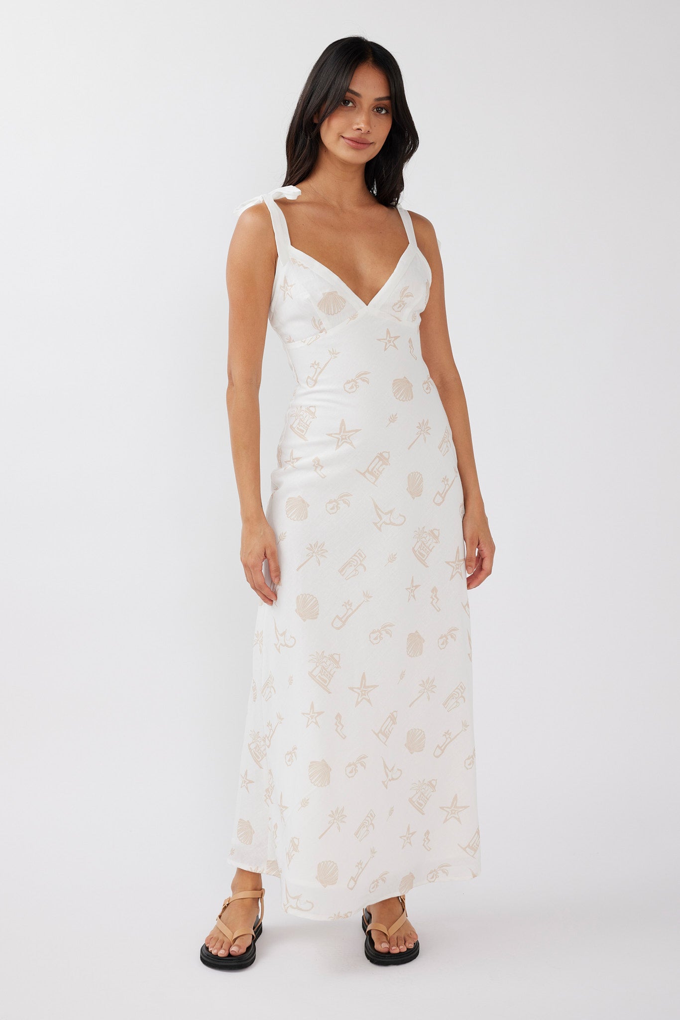 Jaya Tied Shoulder Maxi Dress Print Beige-Maymioy