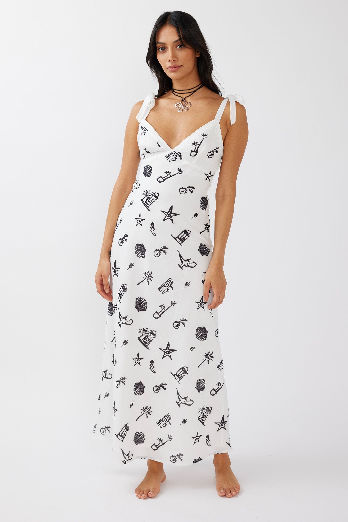 Jaya Tied Shoulder Maxi Dress Print Black-Maymioy