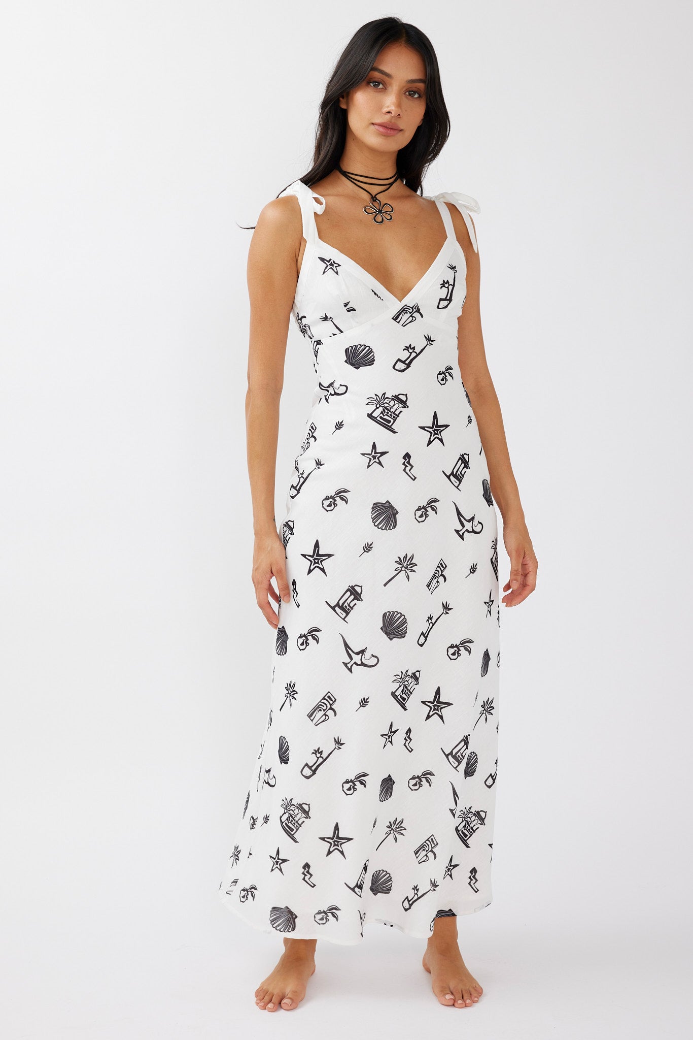 Jaya Tied Shoulder Maxi Dress Print Black-Maymioy