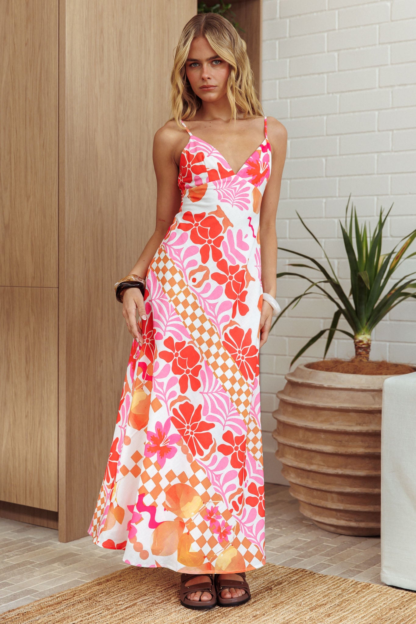 Jaya Floral A-line Maxi Dress Checker Orange-Maymioy