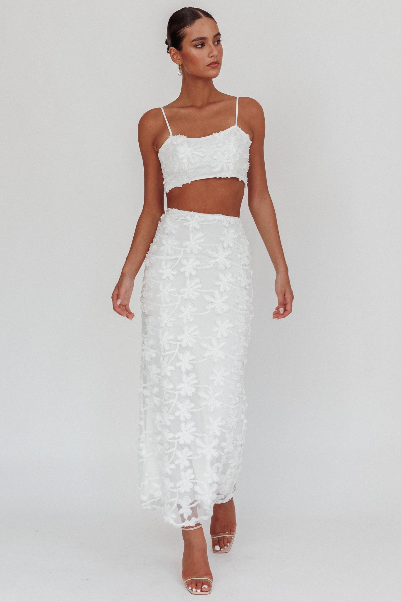 Casi Palm Tree Embroidered Maxi Skirt White-Maymioy