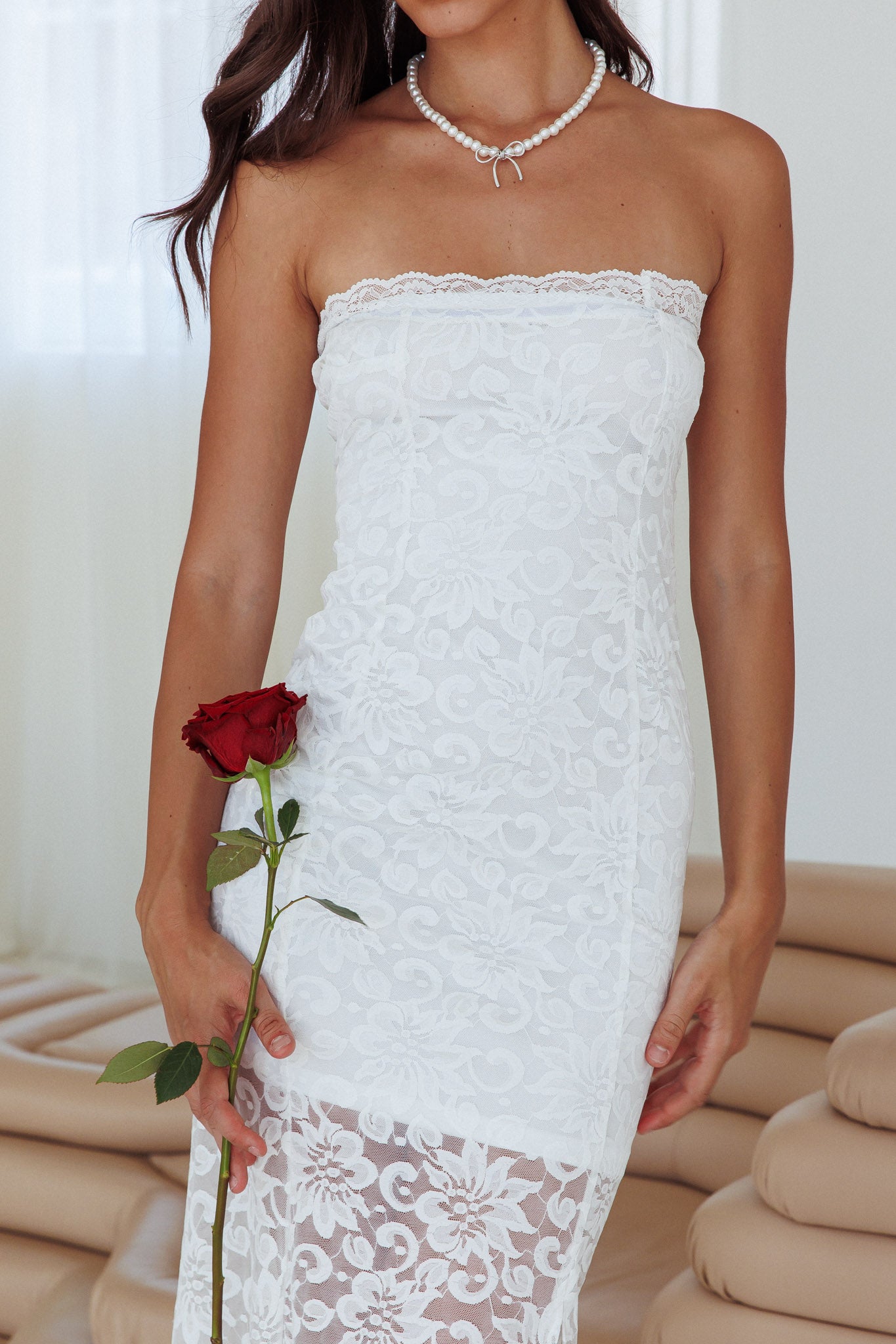 Must Be Love Strapless Lace Dress Off White-Maymioy
