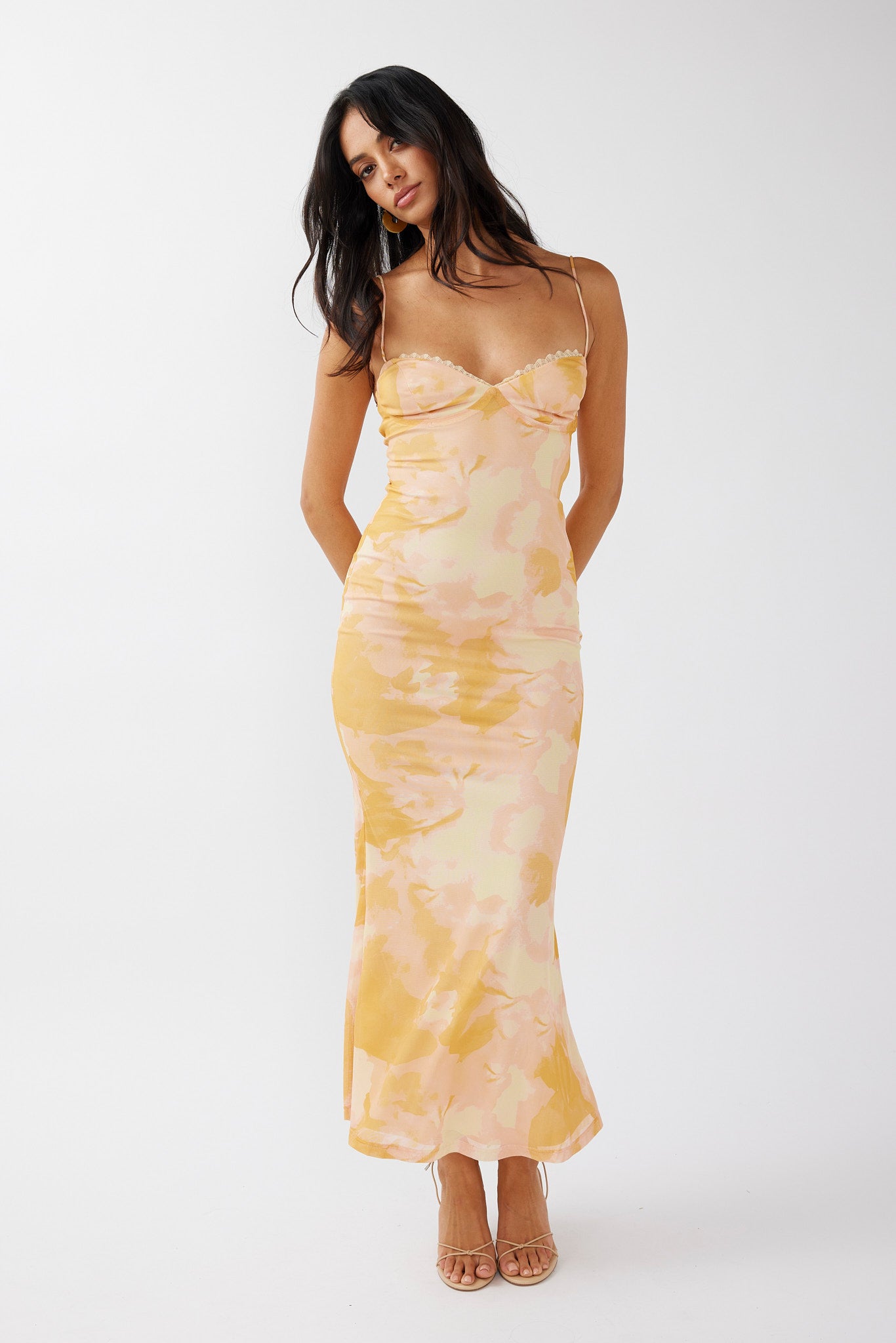 Lennox Elastic Back Bodycon Dress Floral Yellow-Maymioy
