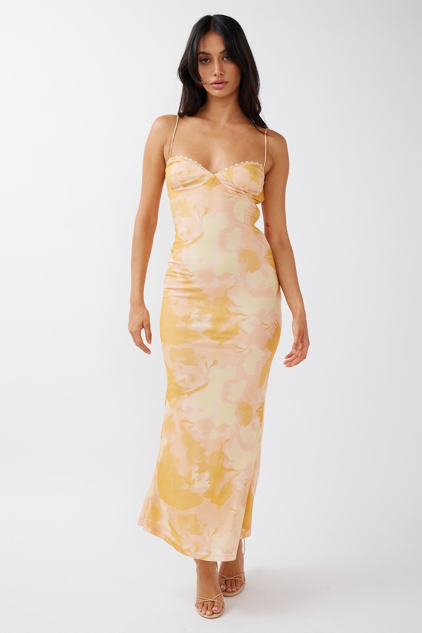 Lennox Elastic Back Bodycon Dress Floral Yellow-Maymioy