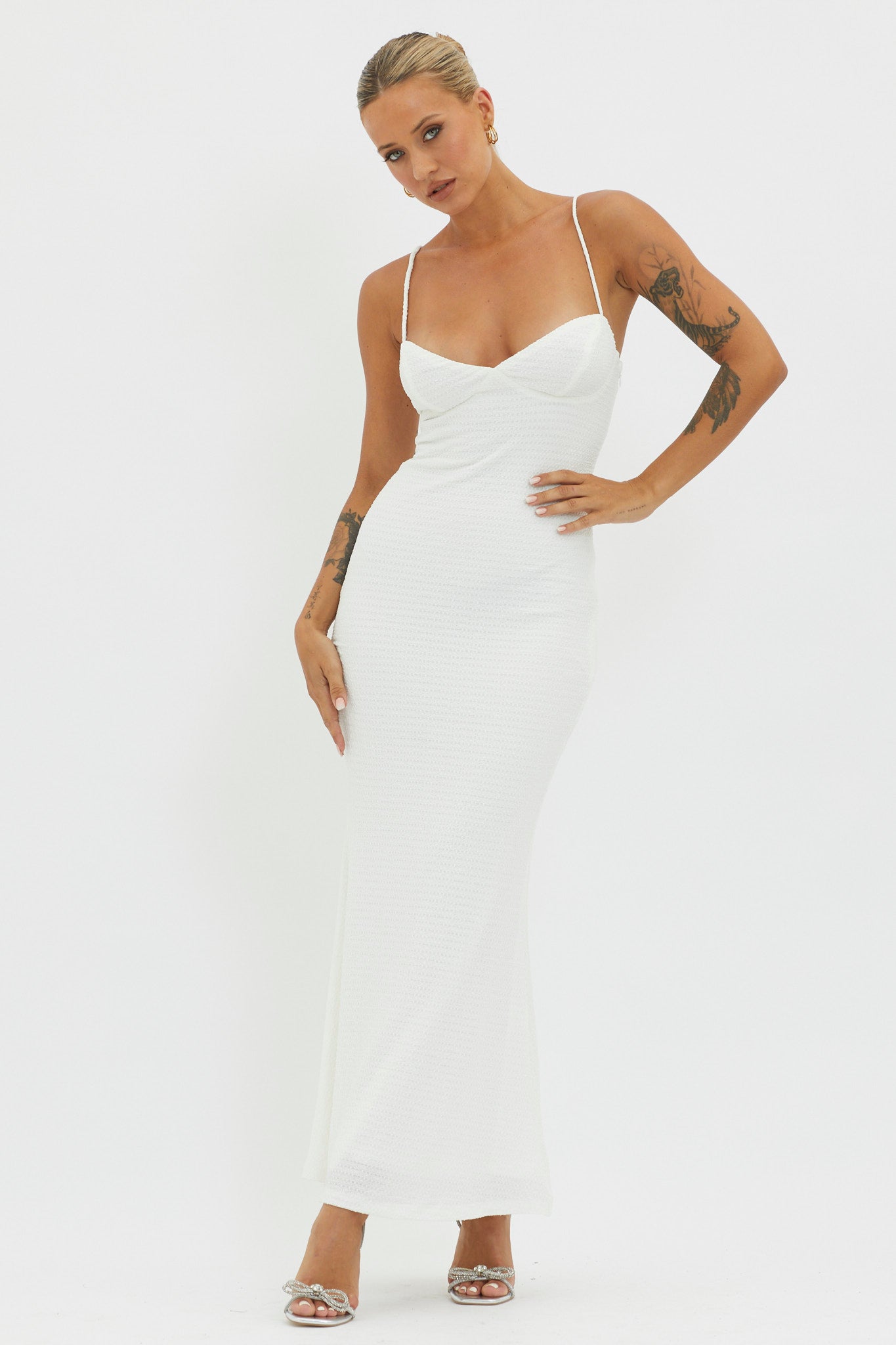 Lennox Elastic Back Bodycon Dress White-Maymioy