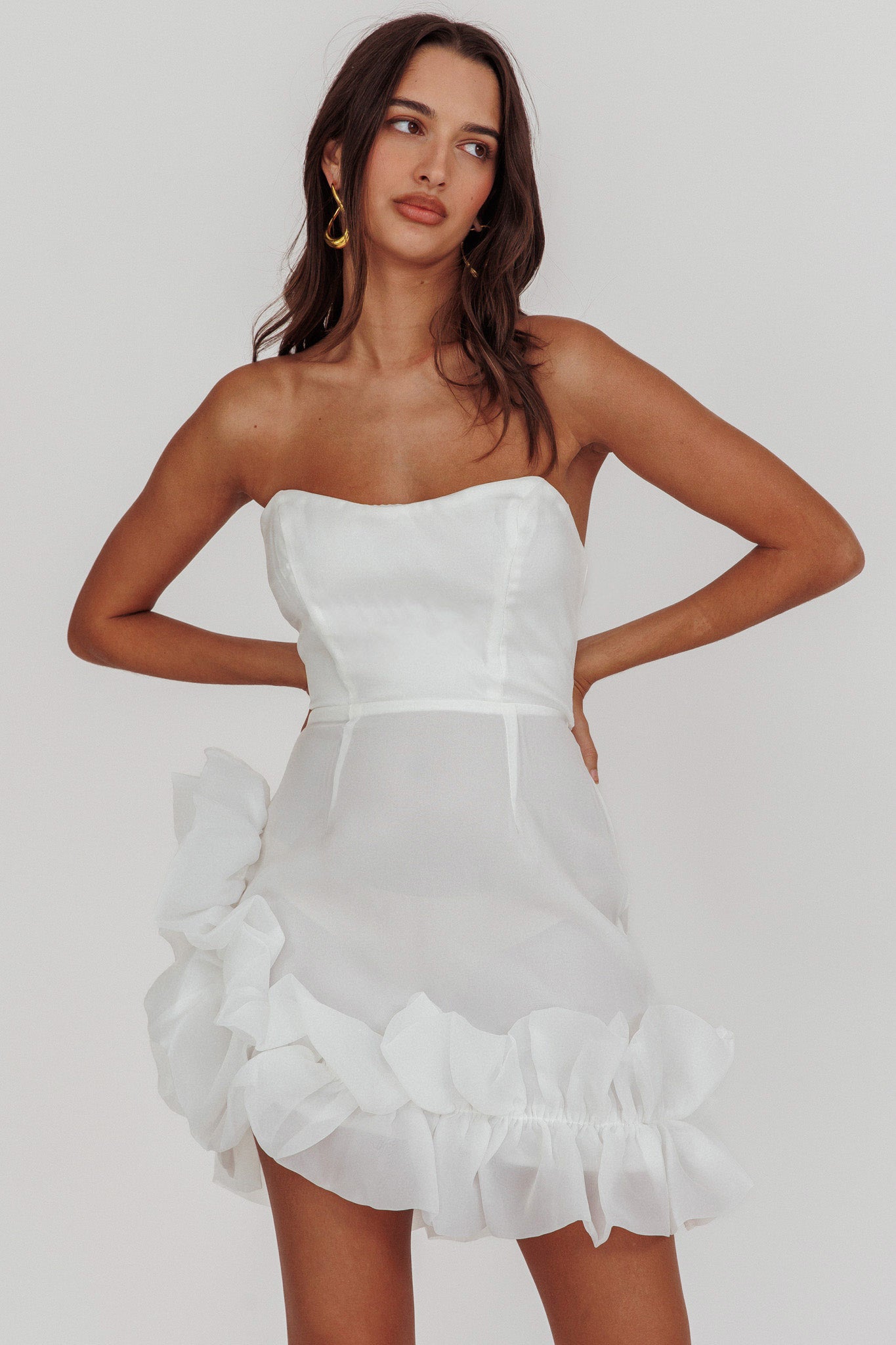 L'amour Toujours Frill Accent Mini Dress White-Maymioy