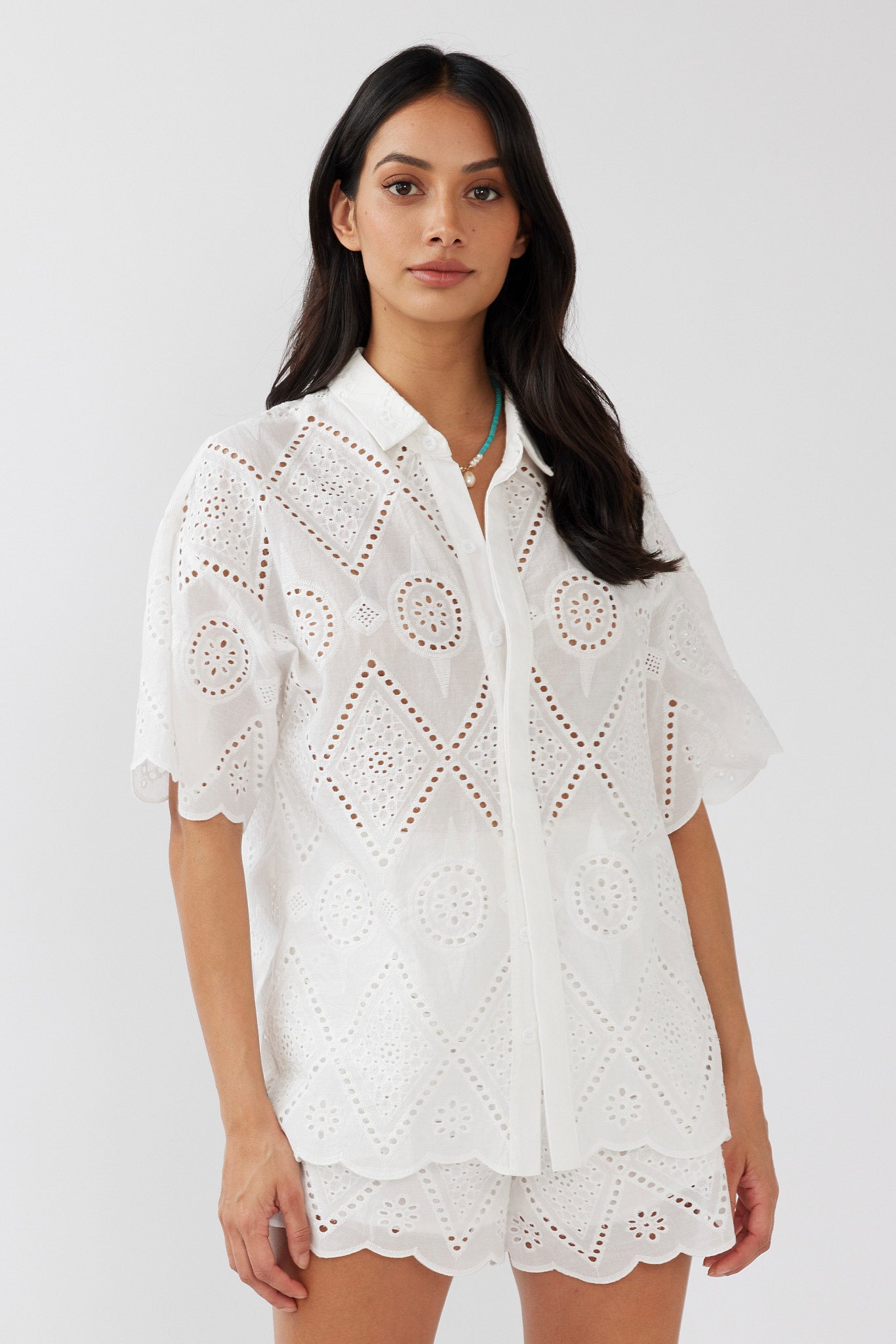 Love Again Eyelet Embroidery Shirt White-Maymioy