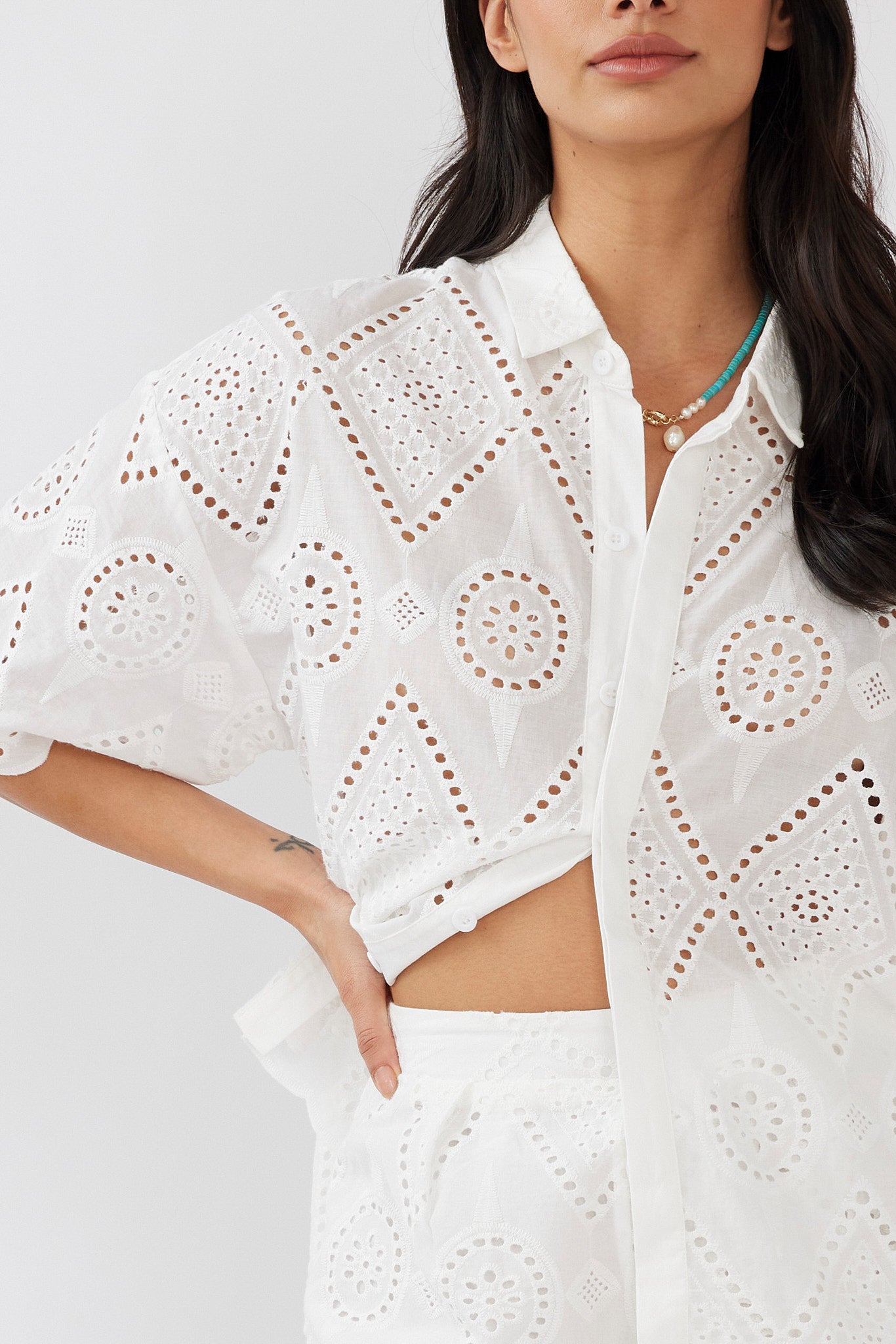 Love Again Eyelet Embroidery Shirt White-Maymioy