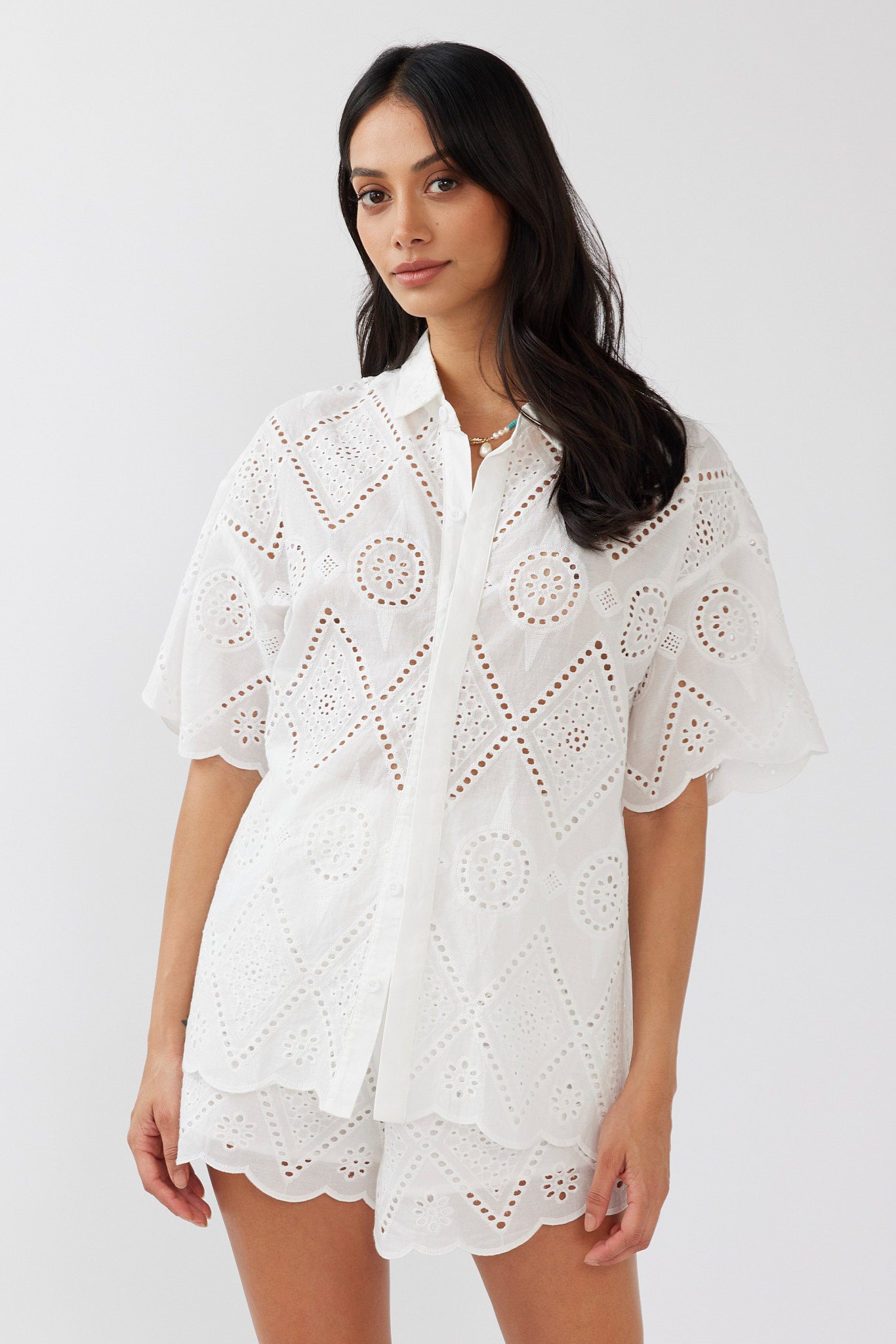 Love Again Eyelet Embroidery Shirt White-Maymioy