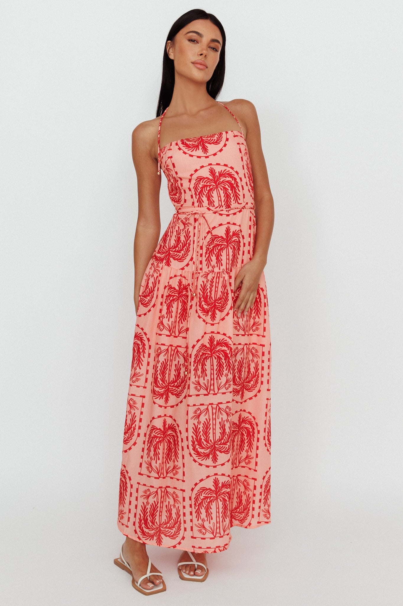 Natasia Halterneck Maxi Dress Palm Print Red-Maymioy