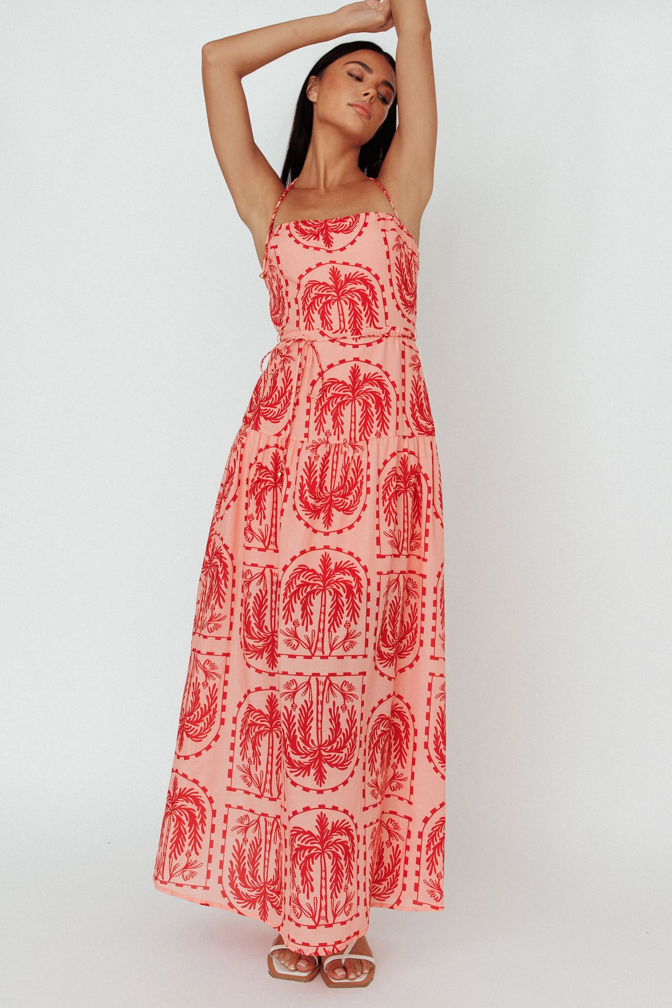 Natasia Halterneck Maxi Dress Palm Print Red-Maymioy