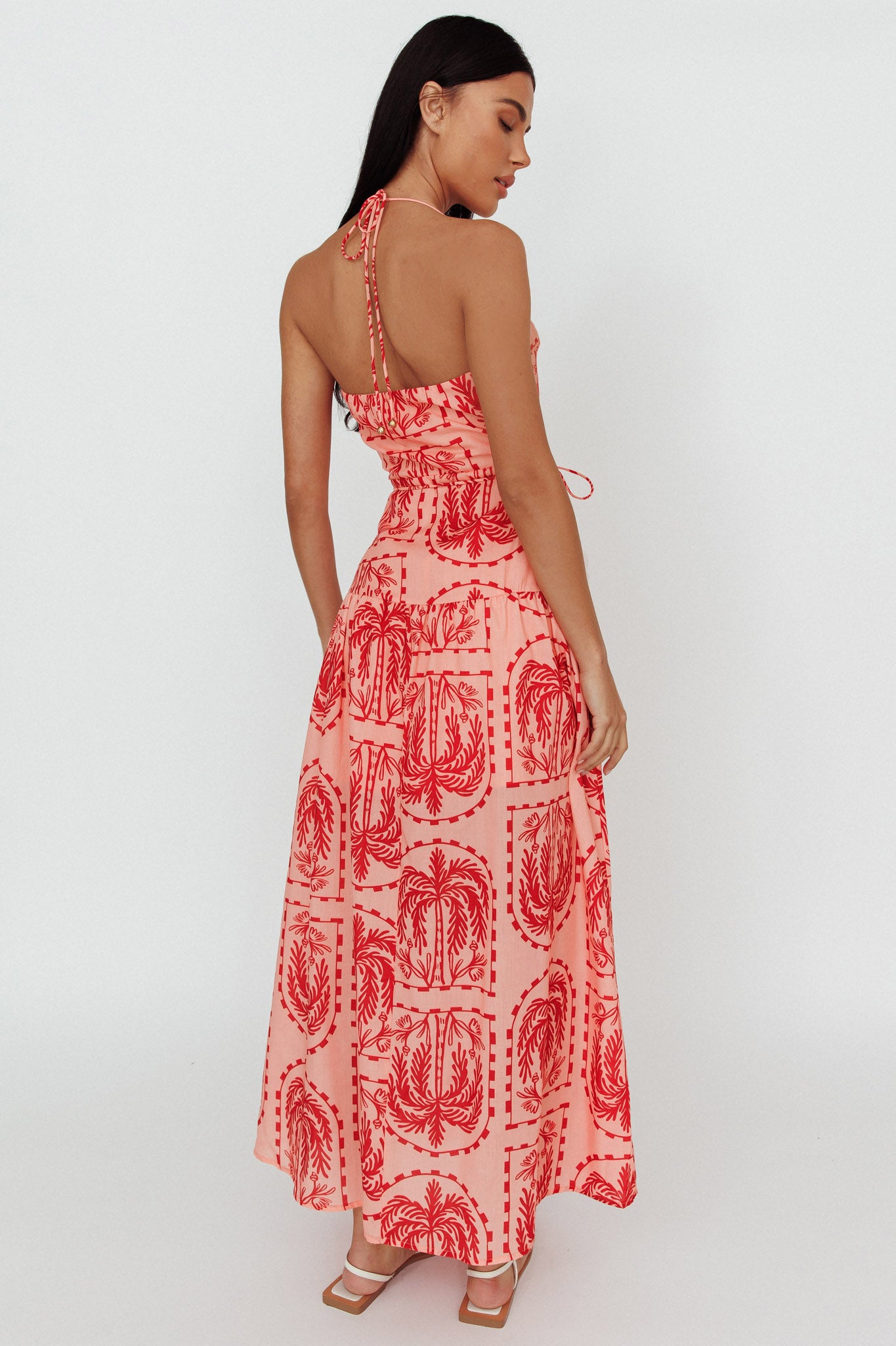 Natasia Halterneck Maxi Dress Palm Print Red-Maymioy
