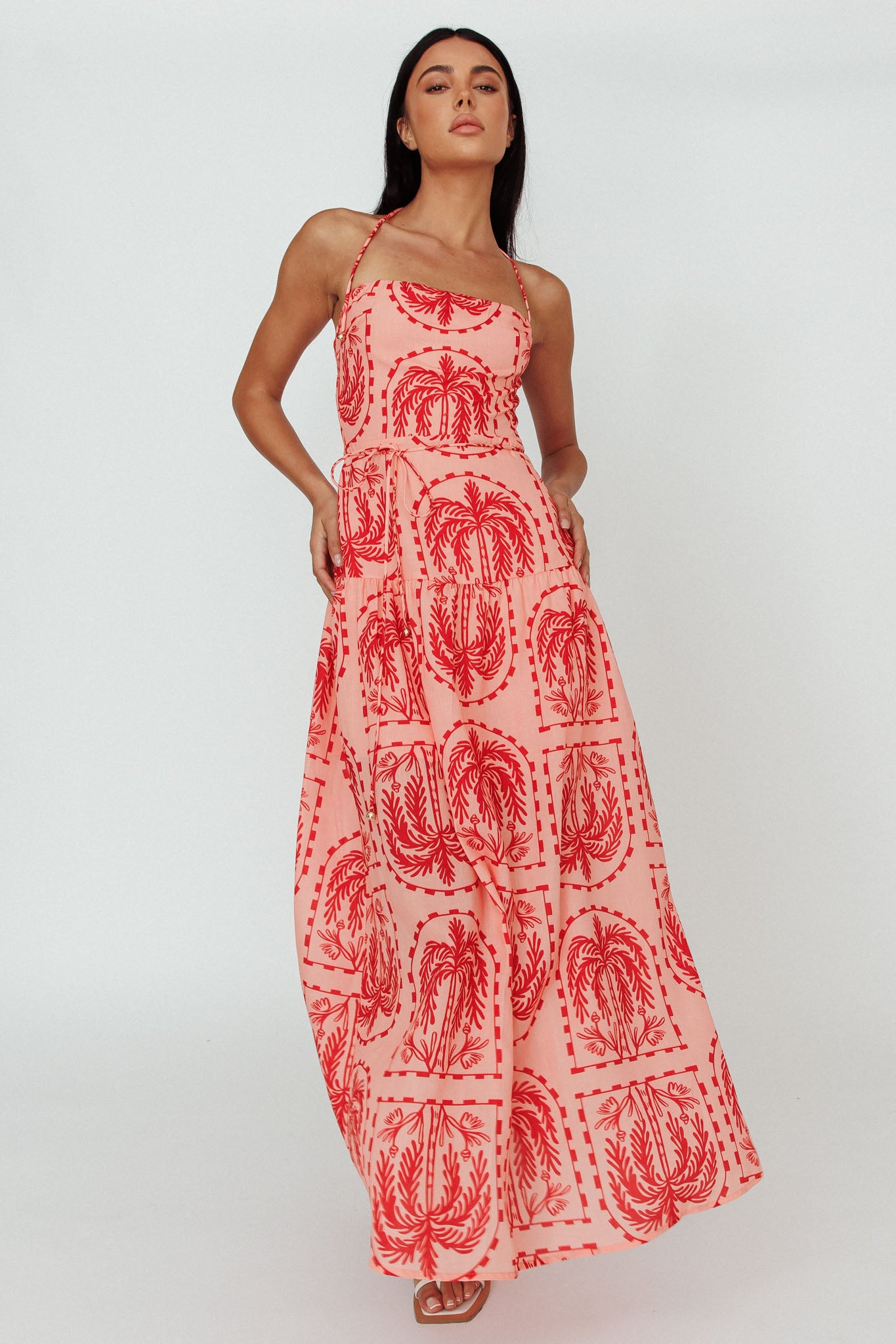Natasia Halterneck Maxi Dress Palm Print Red-Maymioy