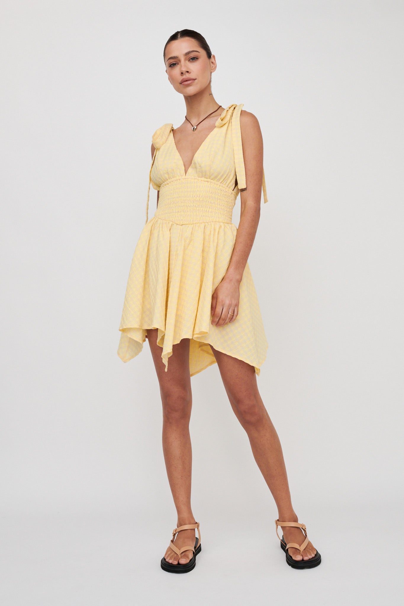 Lido Tied Shoulder Shirred Romper Lemon-Maymioy